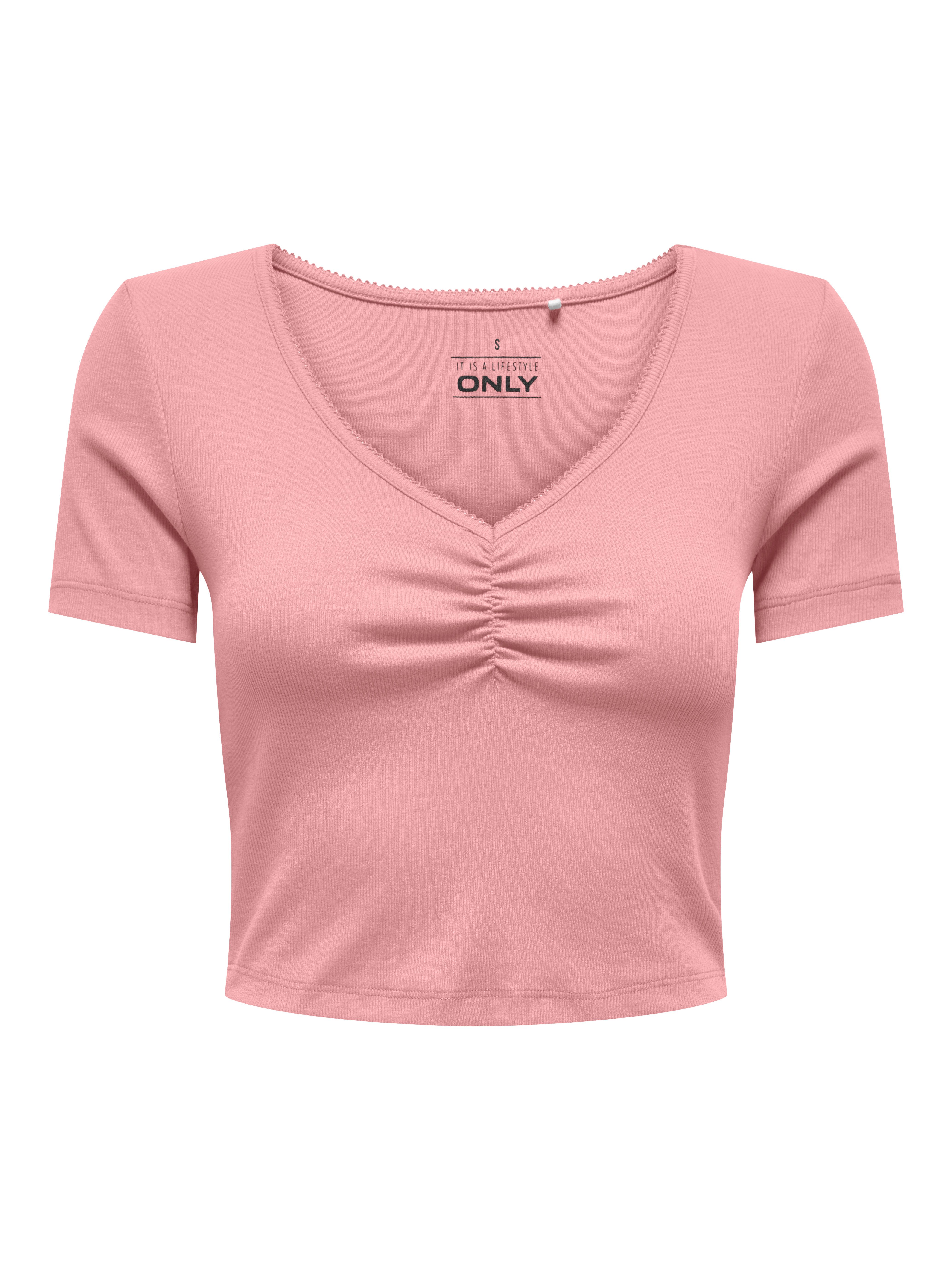 ONLY Kurzarmshirt ONLBETTY LIFE S/S SCALLOP V-NECK CC JRS mit Raffung am Ausschnitt