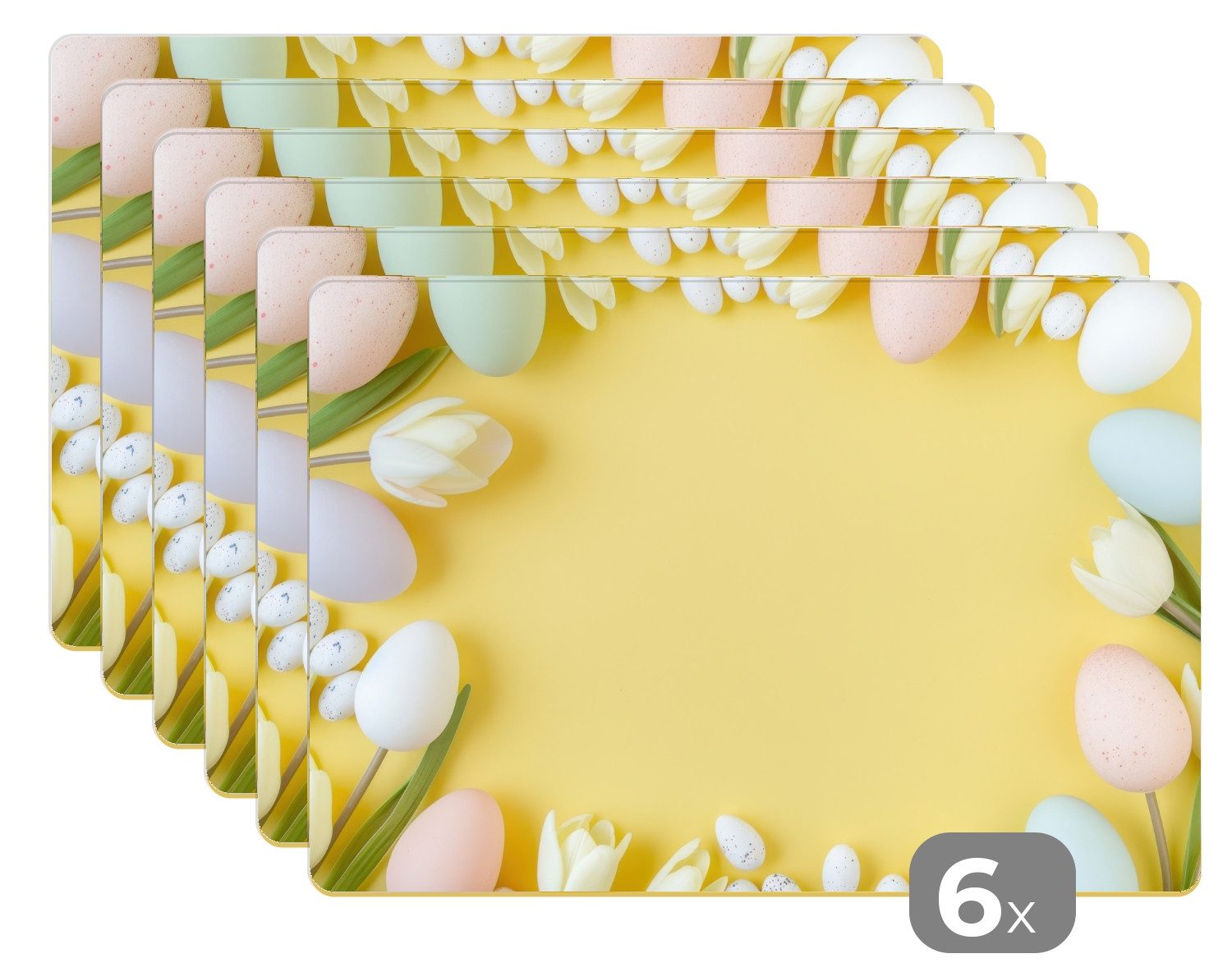 MuchoWow Platzset Tulpen - Eier - Pastellfarben - Gelb, (6-St), Platzsets, Tischset, Abwaschbar, Tischsets, Platzdeckchen