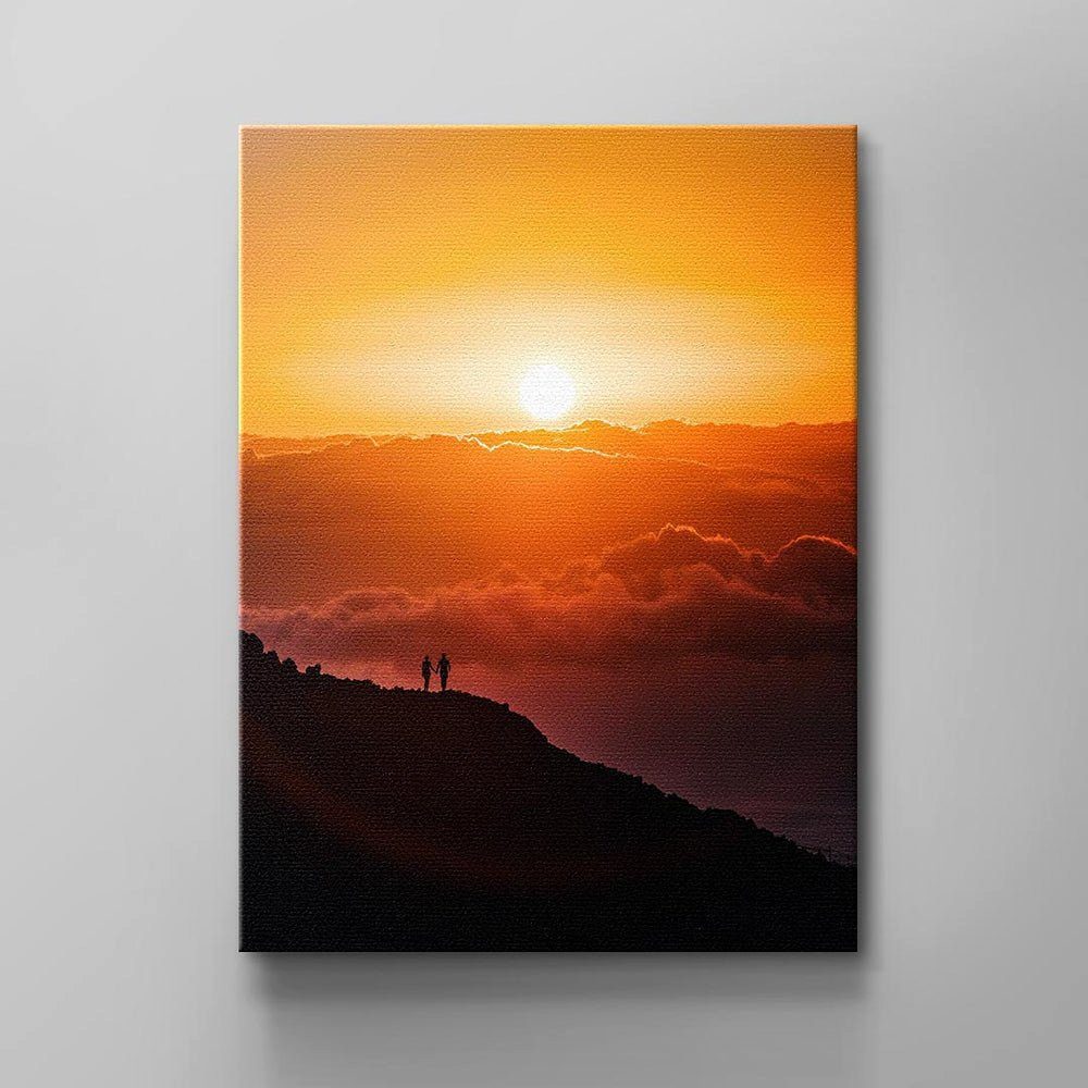 rot Leinwandbild Sonnenuntergang Berg Gelb Natur Beautiful Menschen DOTCOMCANVAS® Sunset, Rahmen Wandbild ohne Beaut schwarz