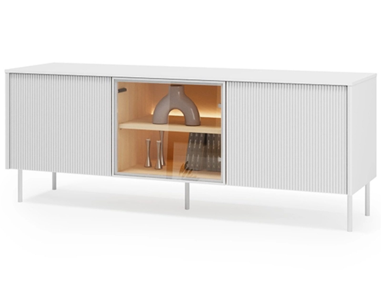 yourhouse24 Lowboard LIBA LB-06A (147 cm) – Weiß geriffelt & Glas inkl. LED (1 St., Ohne Dekoration)