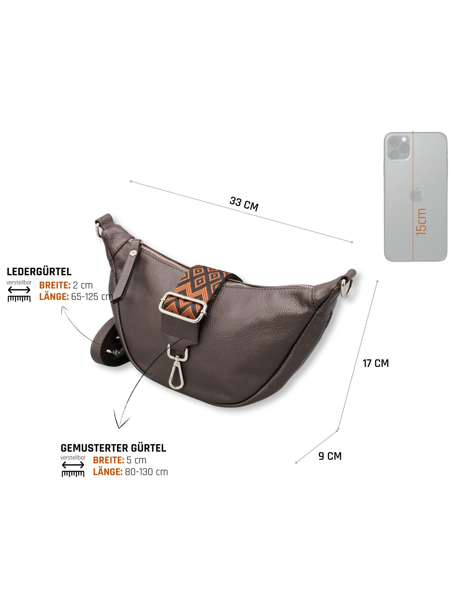 Adel Bags Schultertasche DIANA Halbmond Tasche Leder, Umhängetasche für Damen, Gürteltaschen, echt Leder, Made in Italy