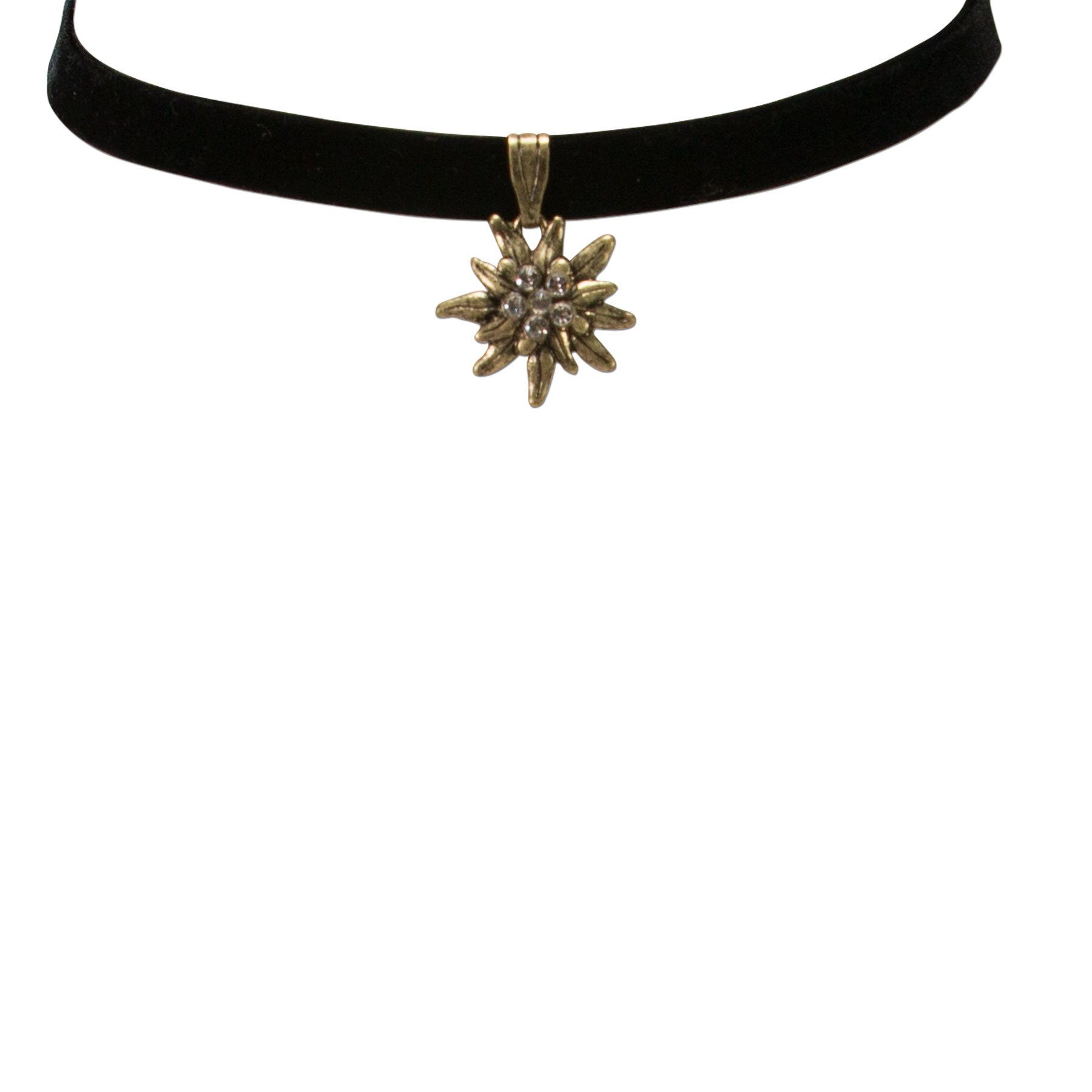 Alpenflüstern Choker Trachten-Samt-Kropfband Strass-Edelweiß klein antik-gold-farben (schwarz), - Trachtenkette enganliegend, Kropfkette elastisch, Damen-Tracht – Bild 3 von 4