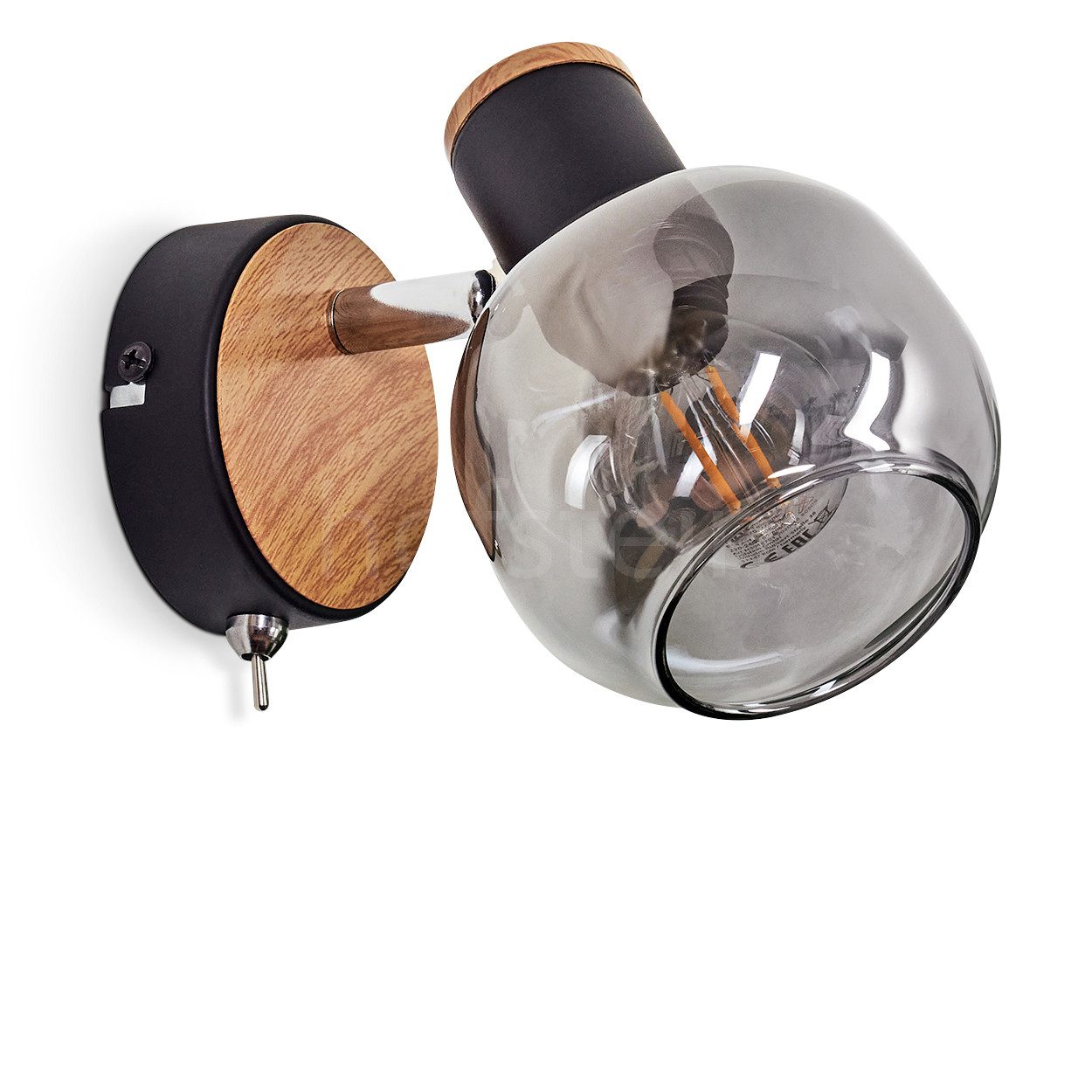hofstein Wandleuchte moderne Wandlampe Metall/Holz/Glas in Schwarz/Natur/Rauchfarben, ohne Leuchtmittel, Leuchte mit verstellbarem Schirm (10 cm), 1 x E14