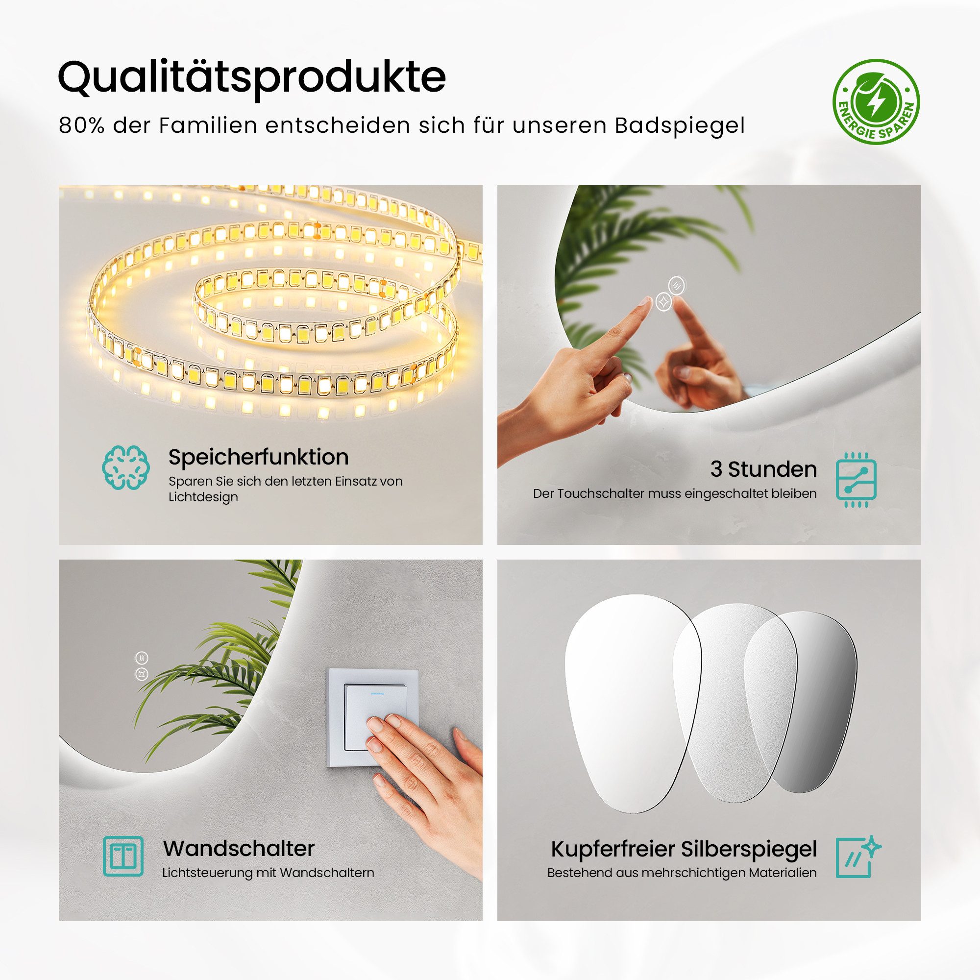 EMKE Badspiegel mit Beleuchtung Wandspiegel asymmetrisch Lichtspiegel Tropfenform, Touchschalter 3 Lichtfarben einstellbare Helligkeit Antibeschlag IP44