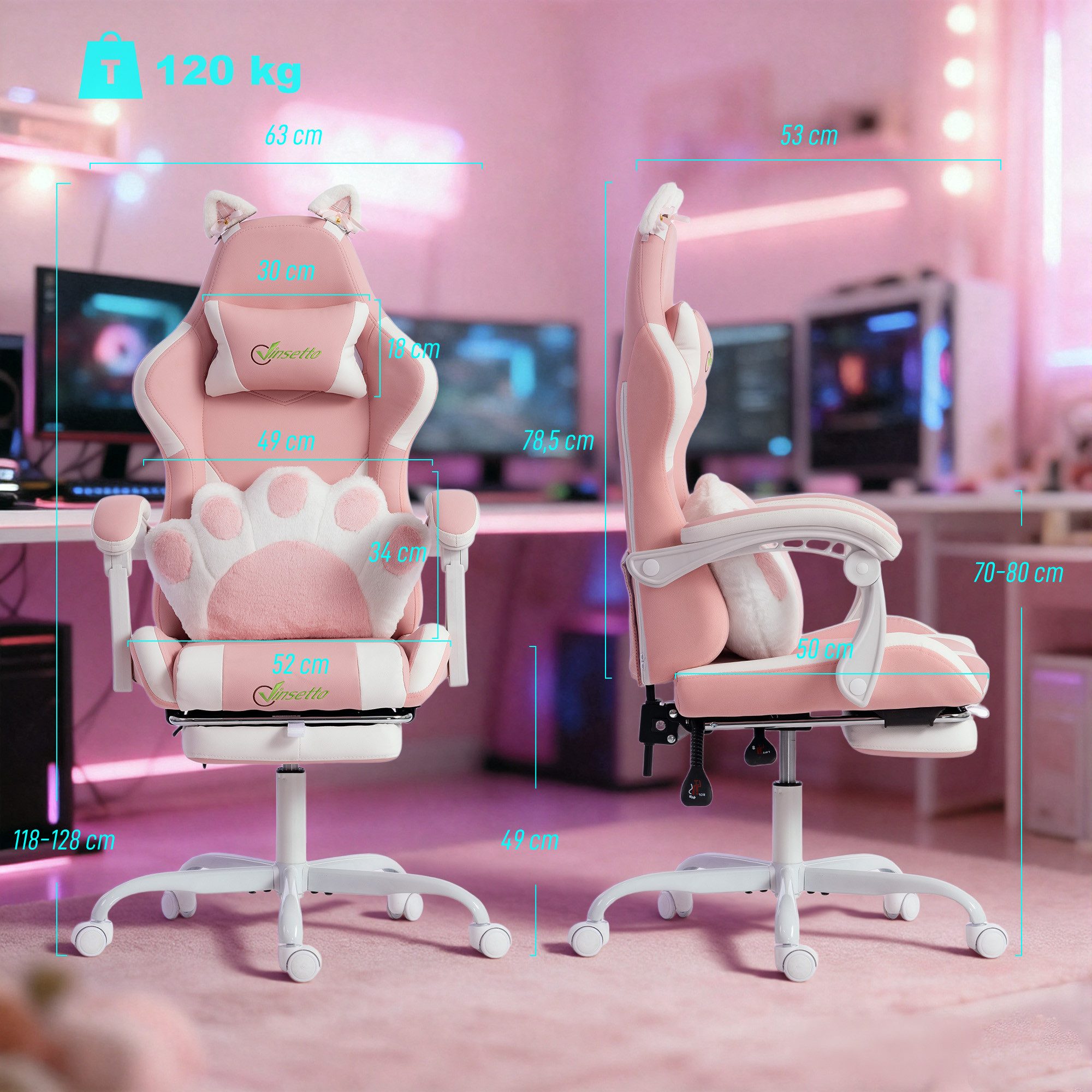 Vinsetto Gaming-Stuhl Bürostuhl ergonomisch mit Kopfstütze, höhenverstellbar, Rosa (Computerstuhl, 1 St), Katzenohren, Lendenkissen mit Katzenpfoten, Fußstütze