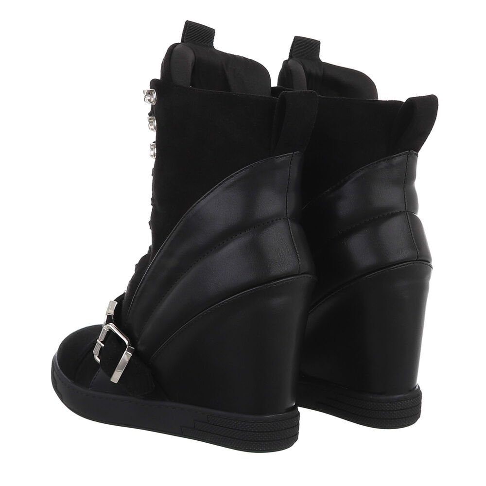 Ital-Design Damen Freizeit Schnürstiefelette (85379553) Keilabsatz/Wedge High-Heel Stiefeletten in Schwarz