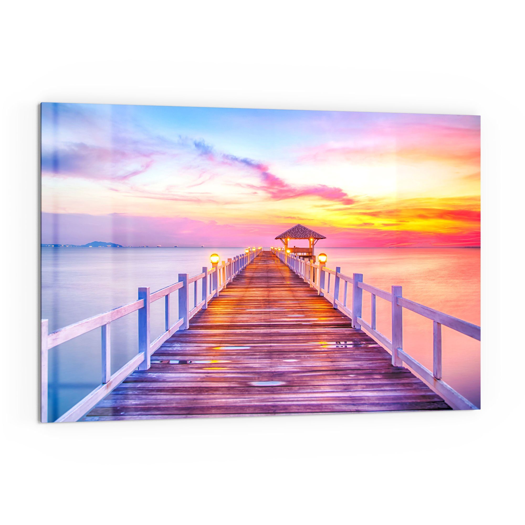 DEQORI Küchenrückwand 'Holzsteg bei Dämmerung', Glas Spritzschutz Badrückwand Herdblende