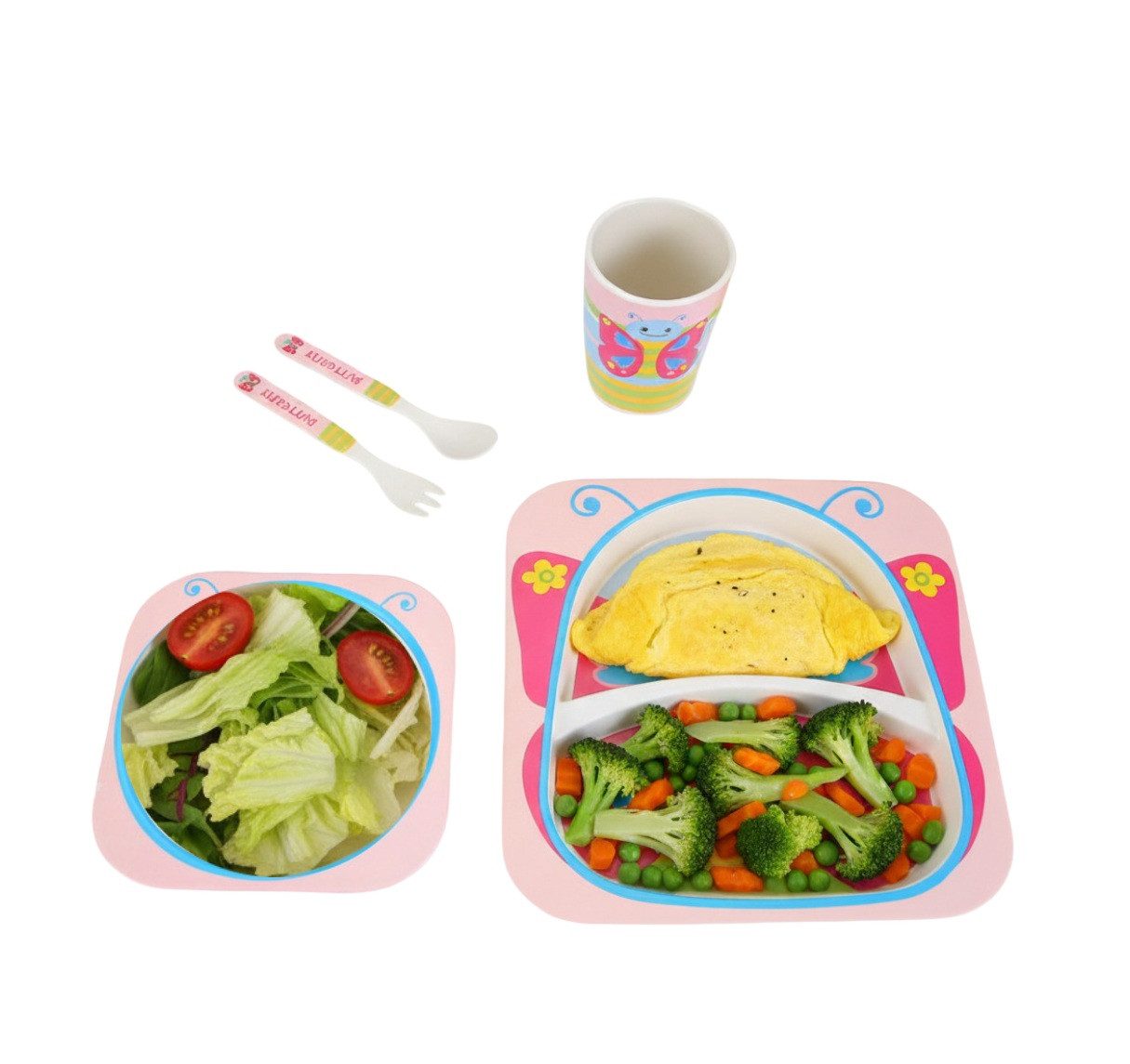 Cheffinger Kindergeschirr-Set 5-tlg aus Bambus in Schmetterlingsdesign - robust & bunt (5-tlg), Bambus – Bild 5 von 5