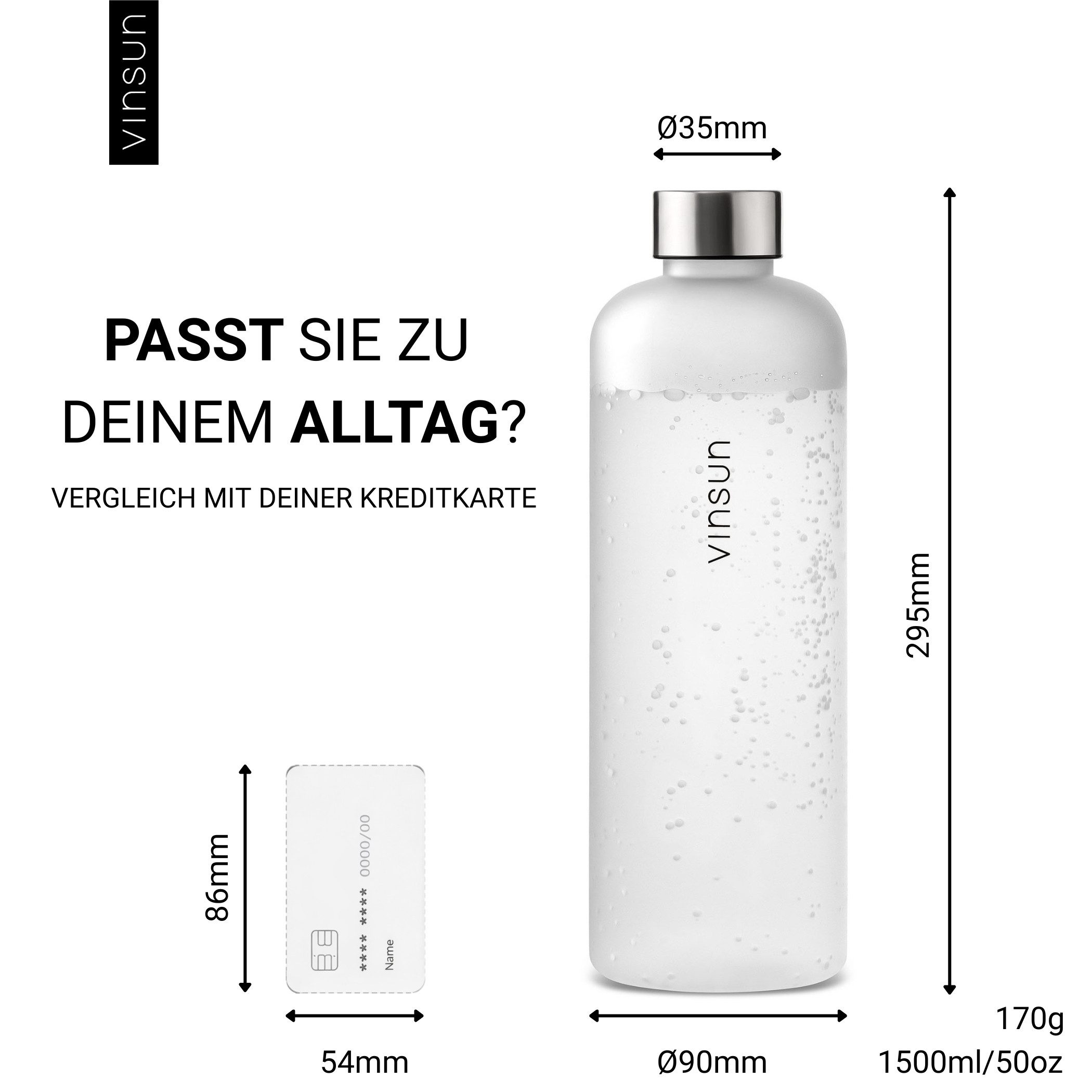Vinsun Trinkflasche Tritan Wasserflasche 1,5l, Sportflasche Kohlensäure geeignet, BPA frei, Auslaufsicher, bruchsicher, geruchs- und geschmacksneutral