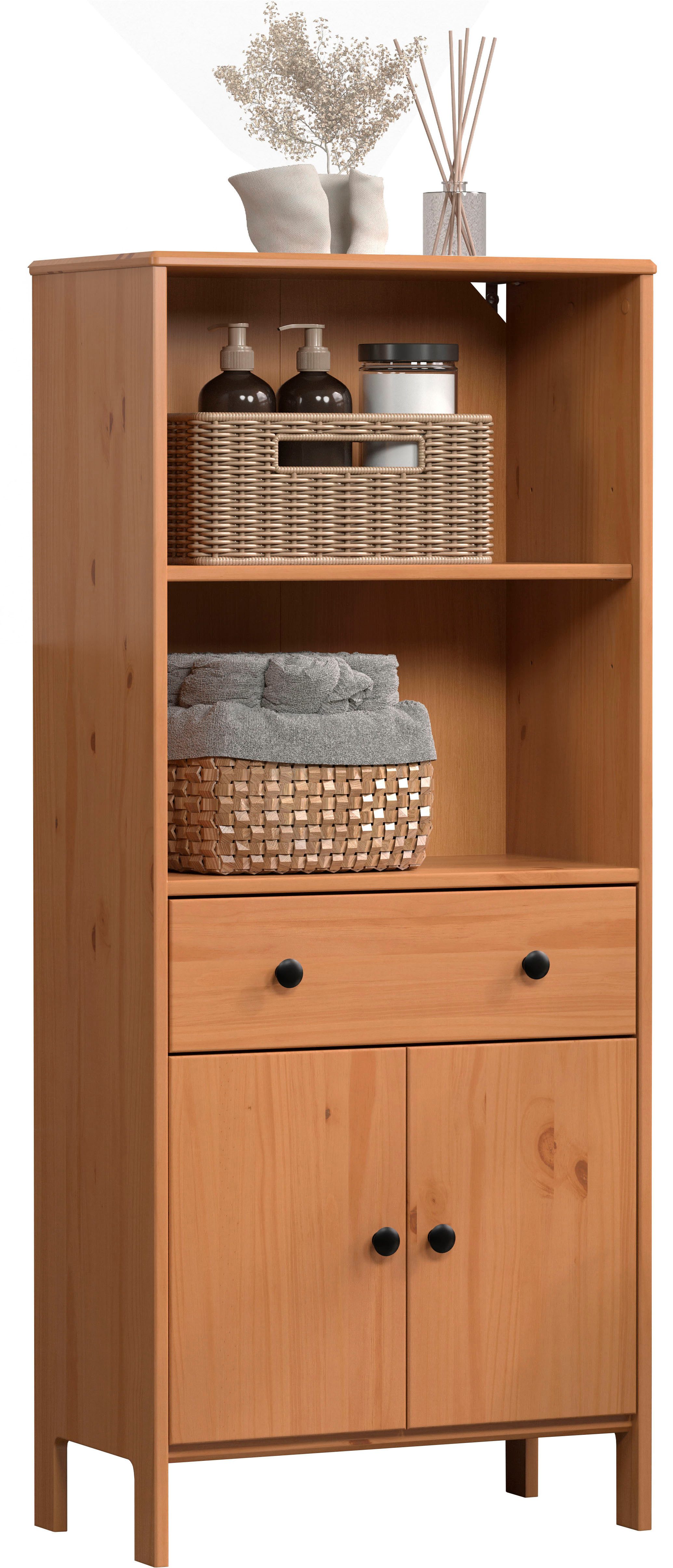 welltime Midischrank Kall (1-St) Breites Badregal aus Kiefer-Massivholz - Weiß oder Braun lackiert