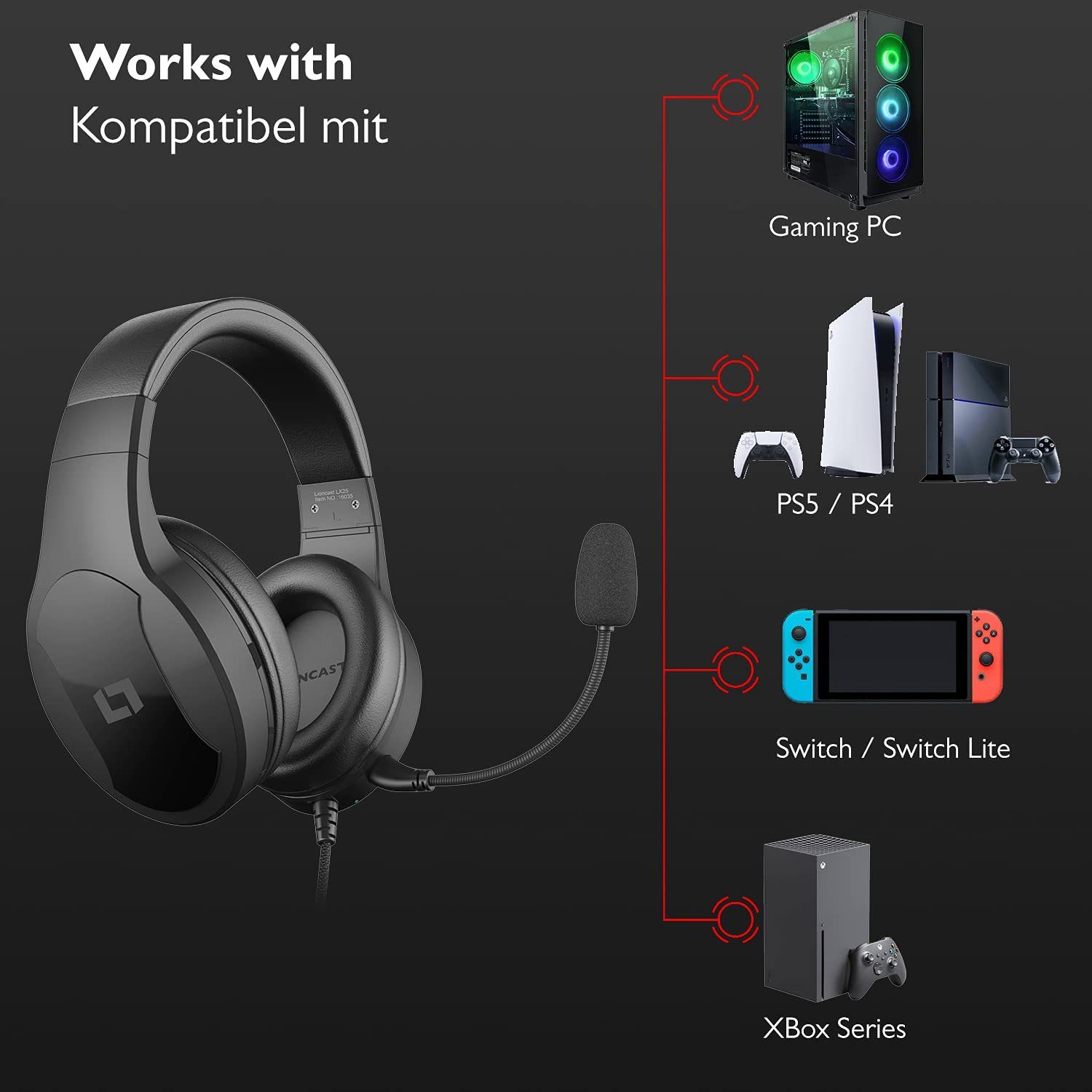 Ohr, dem Kabel) abnehmbares Mikrofon Gaming mit Headset über AUX Kopfhörer Gaming-Headset Stereo-Sound (Geschlossener Stereo LX25 Lioncast