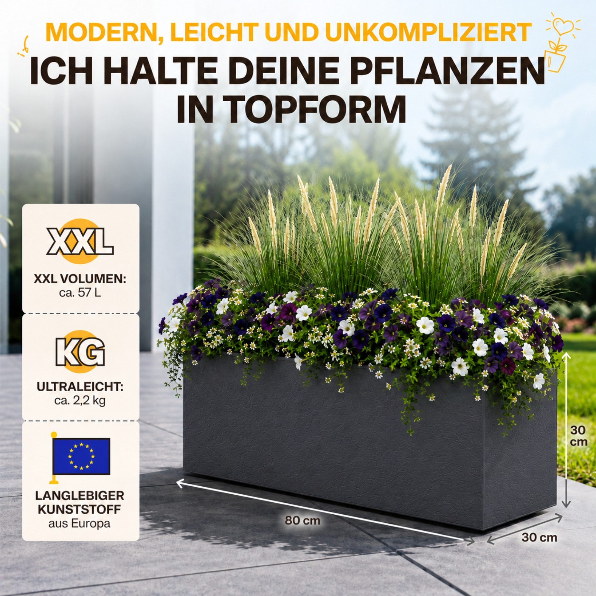 ONDIS24 Blumenkasten Vulkan 57L Gestein/Basalt Optik mit Wasserspeicher Pflanzenkasten, 79.5 x 29.5 x 29.5 (H) cm
