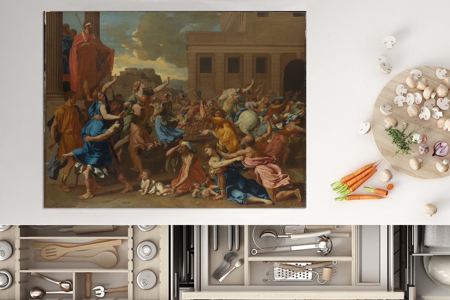 Poussin, cm, nutzbar, Gemälde MuchoWow 70x52 von - tlg), (1 Ceranfeldabdeckung Mobile der Vinyl, Entführung Sabinerinnen Die Nicolas Arbeitsfläche Herdblende-/Abdeckplatte