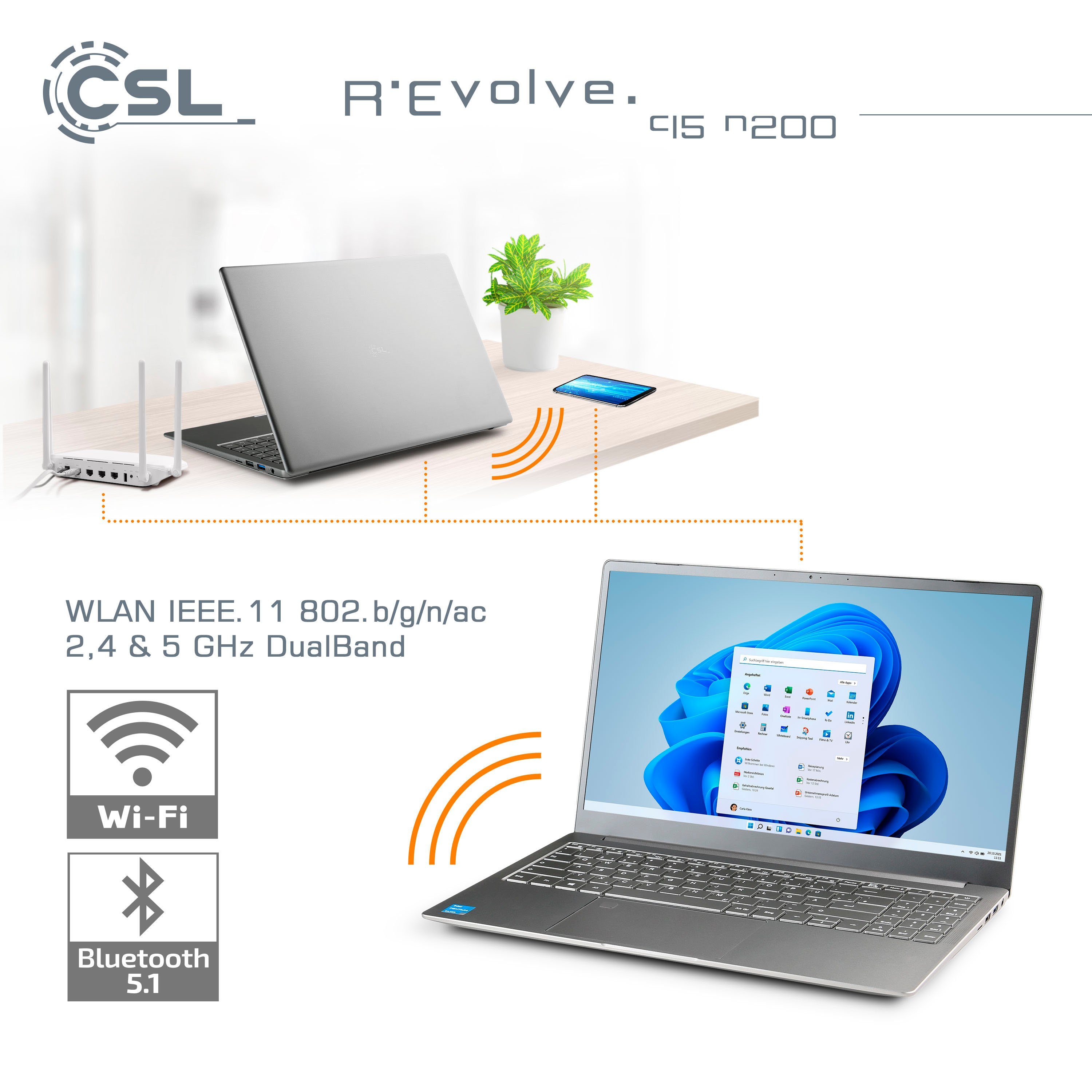 CSL R'Evolve C15 v3 Notebook (39,6 cm/15,6 Zoll, Intel N-Reihe N200, UHD Graphics, 32 GB, 1000 GB SSD) silberfarben
