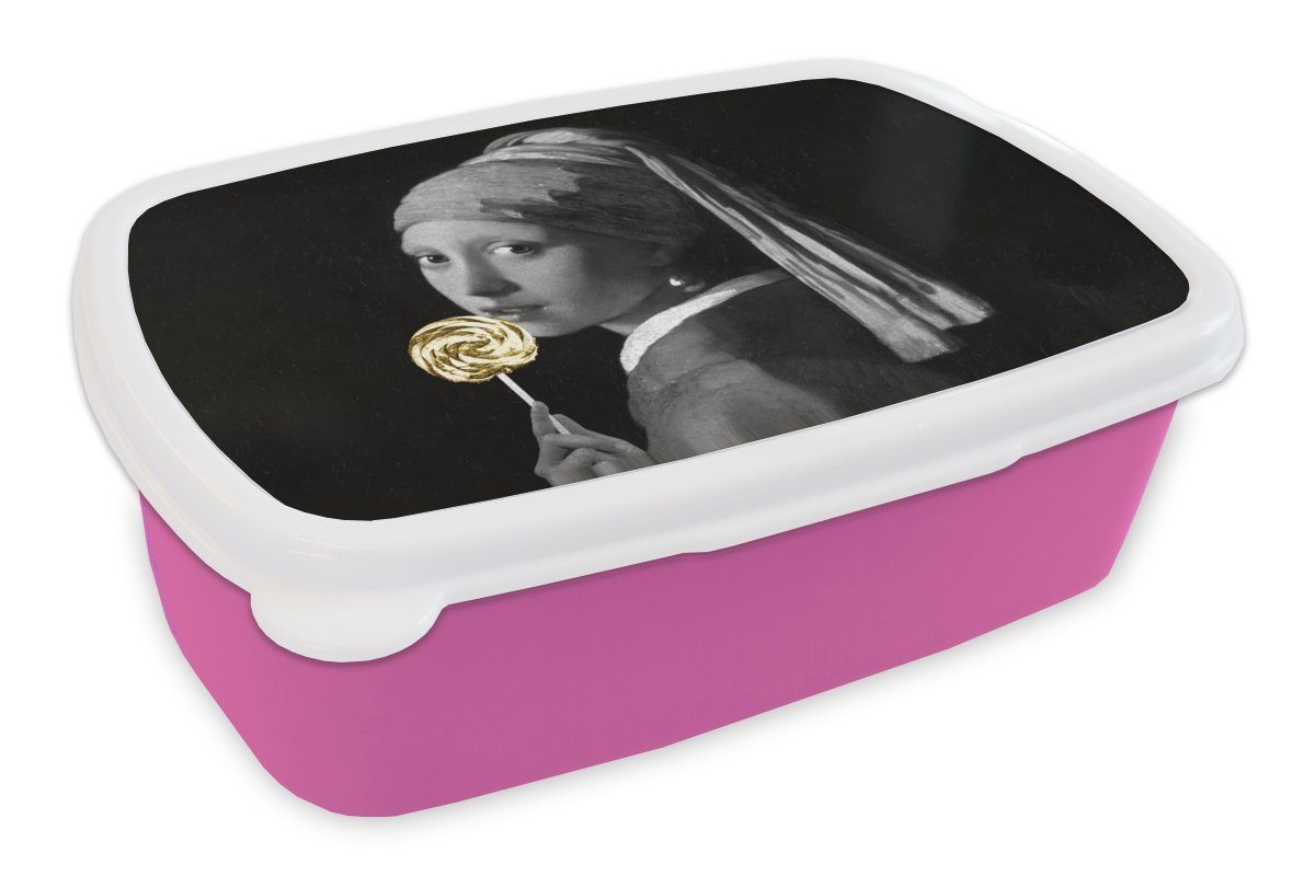MuchoWow Lunchbox Mädchen mit Perlenohrring - Johannes Vermeer - Schwarz und weiß, Kunststoff, (2-tlg), Brotbox für Erwachsene, Brotdose Kinder, Snackbox, Mädchen, Kunststoff rosa
