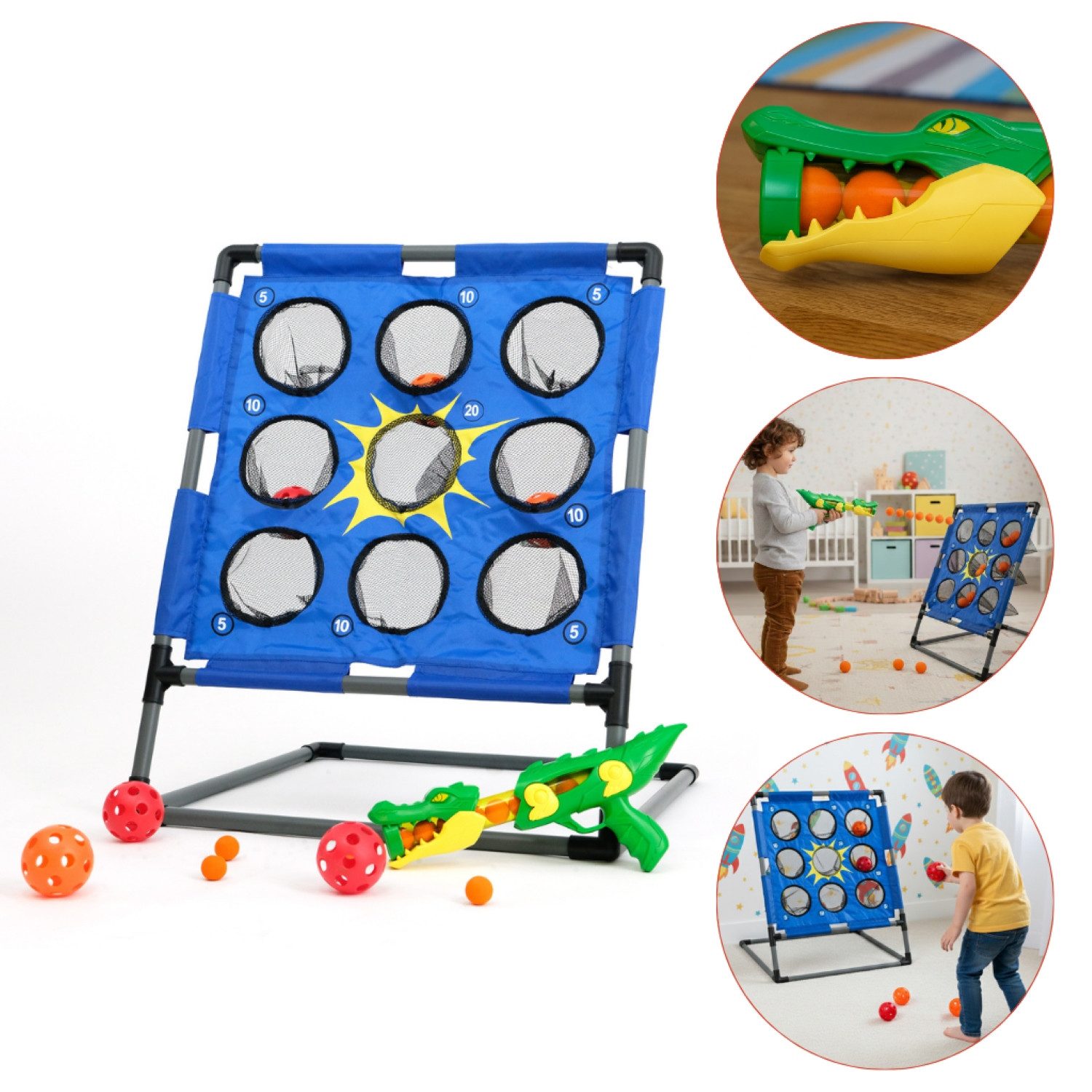 FASports Ballwand Wurfball-Spiel Set Bolimo, Outdoor Ballspiel, Indoor Wurfspiel, (Pro Set, 2-St., Wurfspiel mit Krododil Popper, Spielzeug Pistole mit Zielscheibe), 2in1 Set, Wurfball-Spiel meets Softball-Popper