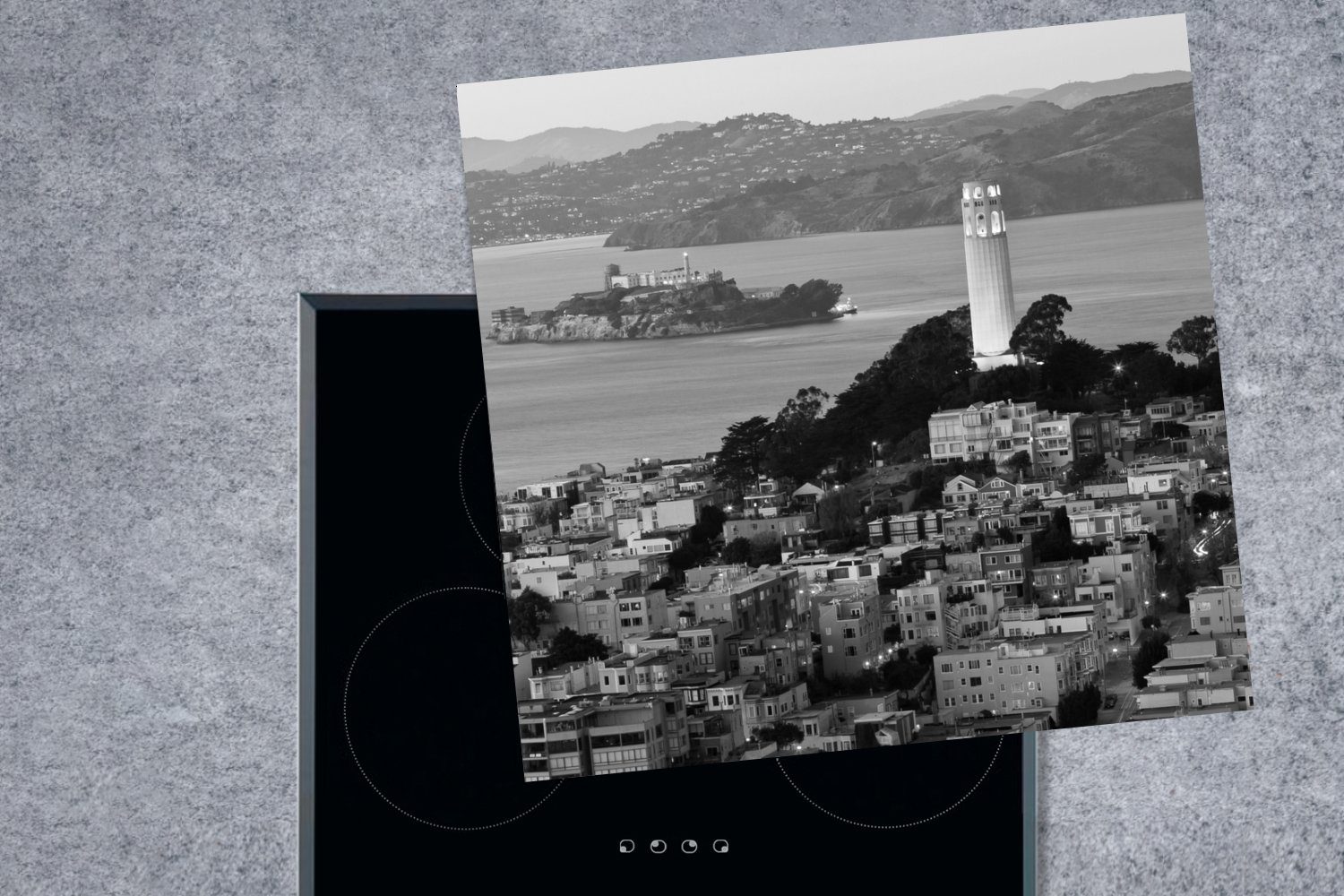 - (1 Vinyl, Arbeitsplatte tlg), Alcatraz Ceranfeldabdeckung, cm, Weiß, küche für Herdblende-/Abdeckplatte Schwarz 78x78 MuchoWow -