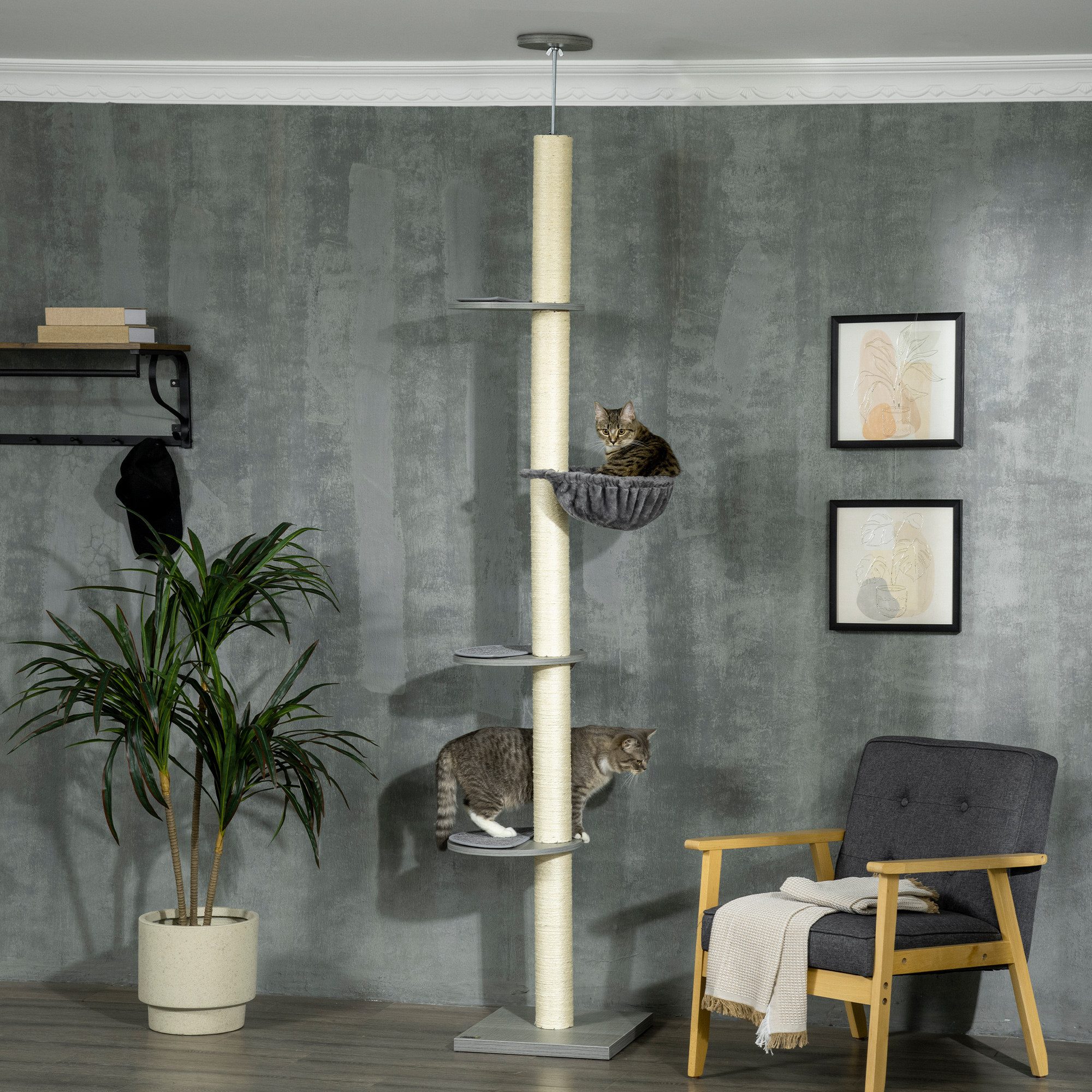 PawHut Kratzbaum Deckenhoch höhenverstellbar mit Kratzbäumen Sitzstangen Hängematte Grau Cremeweiß für Katzenliebhaber   Aosom.de von PawHut