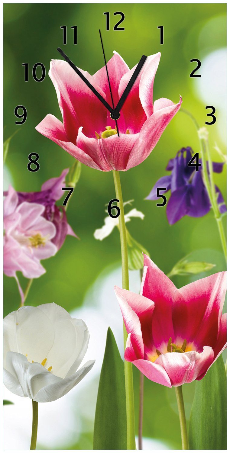 Wallario Wanduhr Blühende Blumen im Frühling in pink und weiß (Uhr aus Acryl)