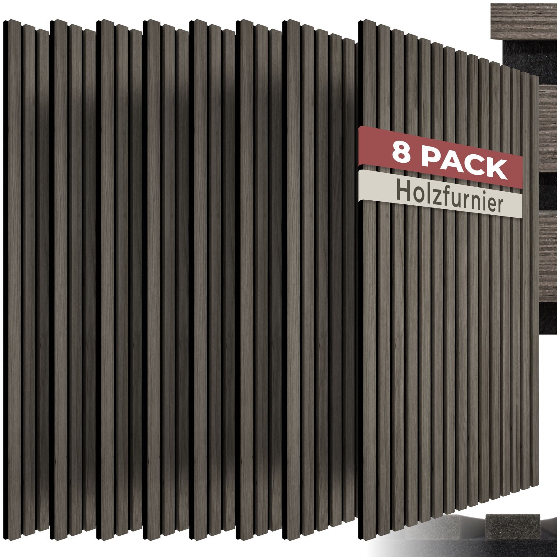 tectake Wandpaneel 3D Akustikmodul Echtholzfurnier 110x50 cm schallabsorbierend Filz, BxL: 50x110 cm, (Akustikpaneele Wand Sonic Wall IV, 8-tlg., in Eiche grau) Einfache Montage mit Kleber oder Schrauben, individuell zuschneidbar