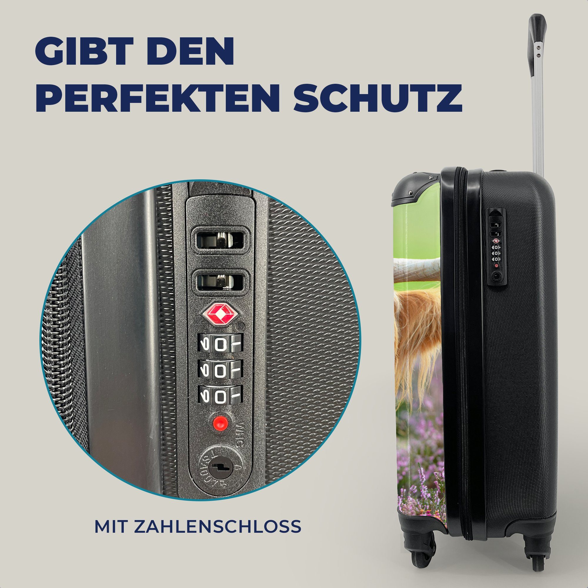 Rollen, MuchoWow für Schottischer rollen, - Handgepäckkoffer mit Handgepäck Lila Highlander 4 - Blumen, Reisekoffer Reisetasche Trolley, Ferien,