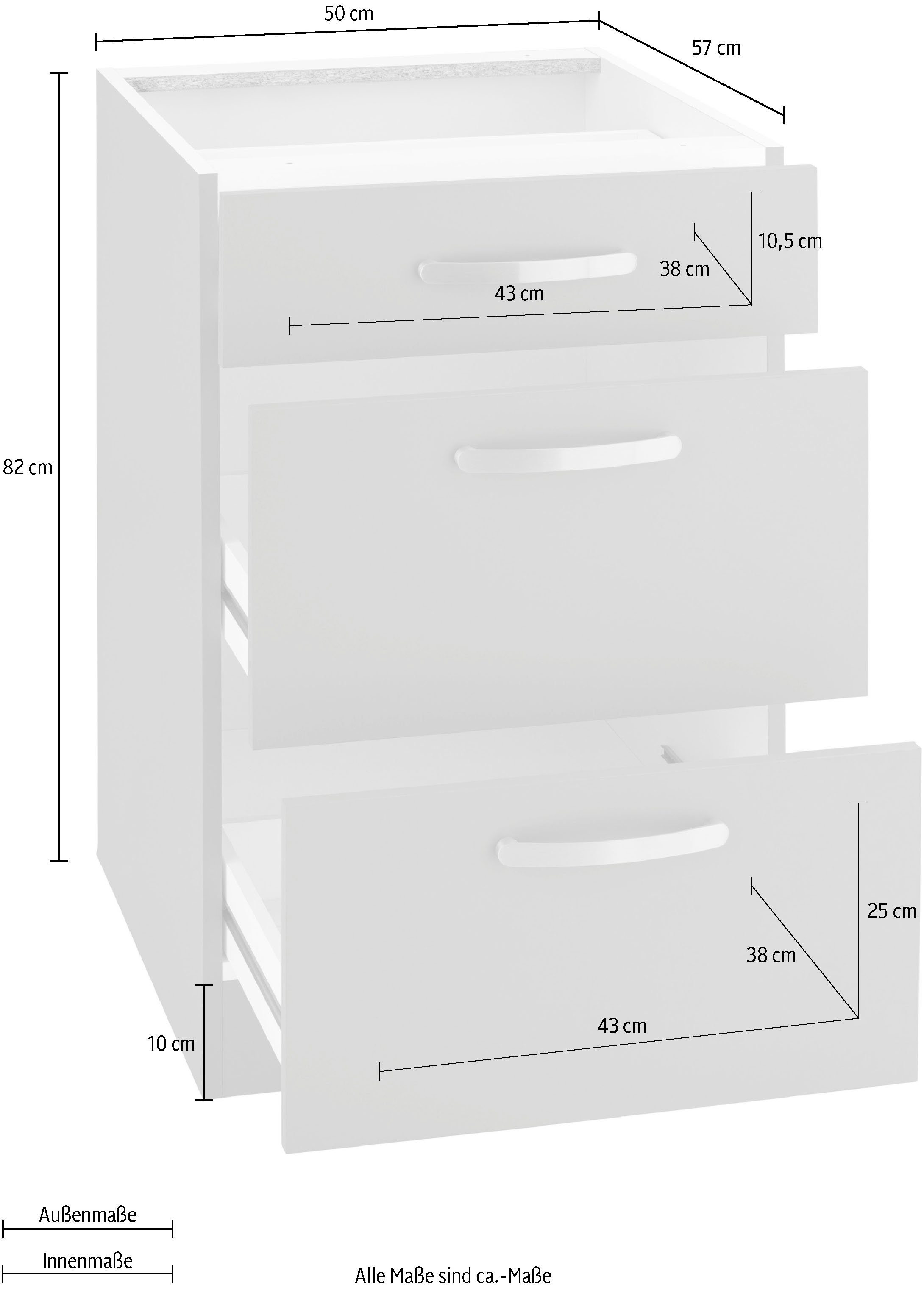 wiho Küchen Unterschrank Kansas 50 cm Vanillefarben | mit ohne großen breit, 2 Vanillefarben/Vanillefarben Arbeitsplatte Auszügen