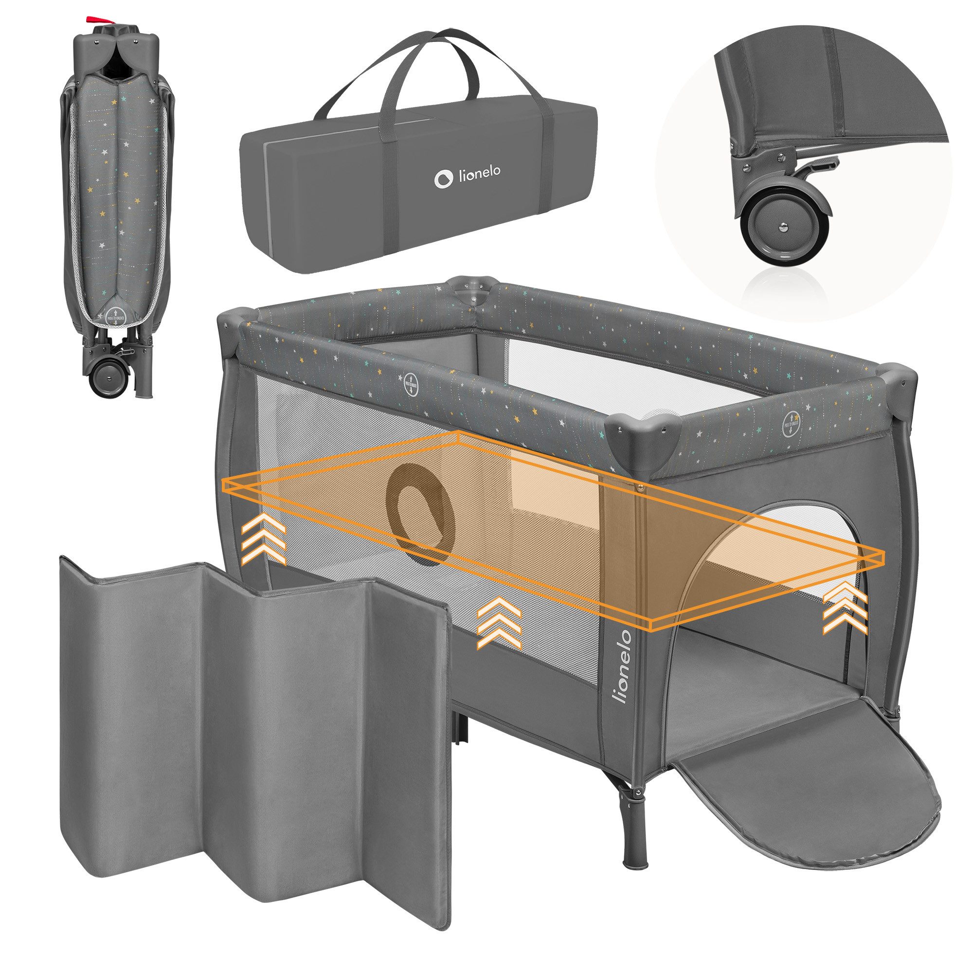 lionelo Reisebett STEFI PLUS (Set, 2in1 Reisebett und Laufstall mit Matratze) 2in1/2 Matratzenhöhen/T25-Matratze/Seiteneinstieg/2 Rollen