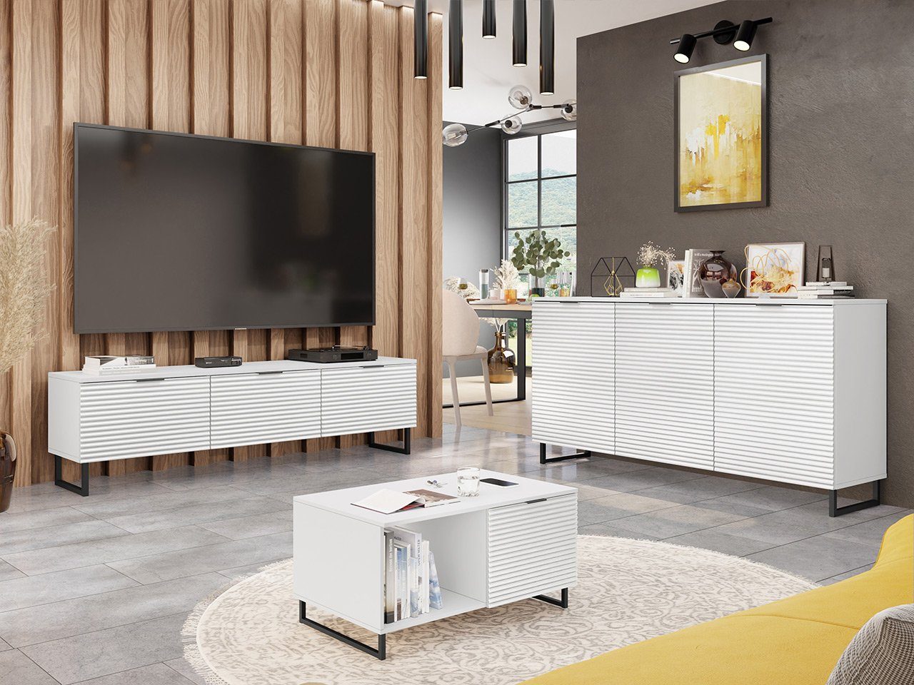 MIRJAN24 Wohnzimmer-Set Delino II, (3er-Set, Kommode, TV-Lowboard, Couchtisch), Metallgriffe in der Farbe schwarz Weiß | Wohnwände