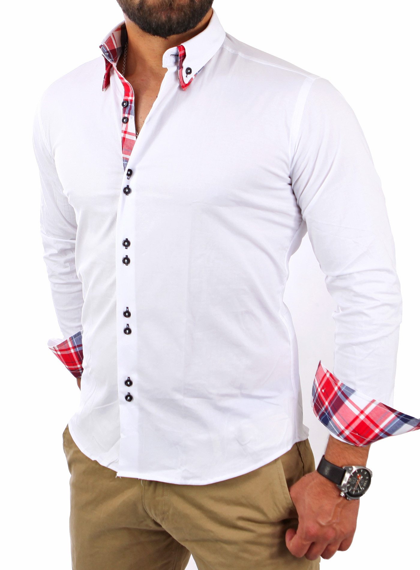 Reslad Langarmhemd Reslad Herren Hemd Button-Down Slim Fit Kontrast Langarmhemd RS-7015 (3-tlg., Hemd) Doppelkragen Kontrast Karo Muster Hemden