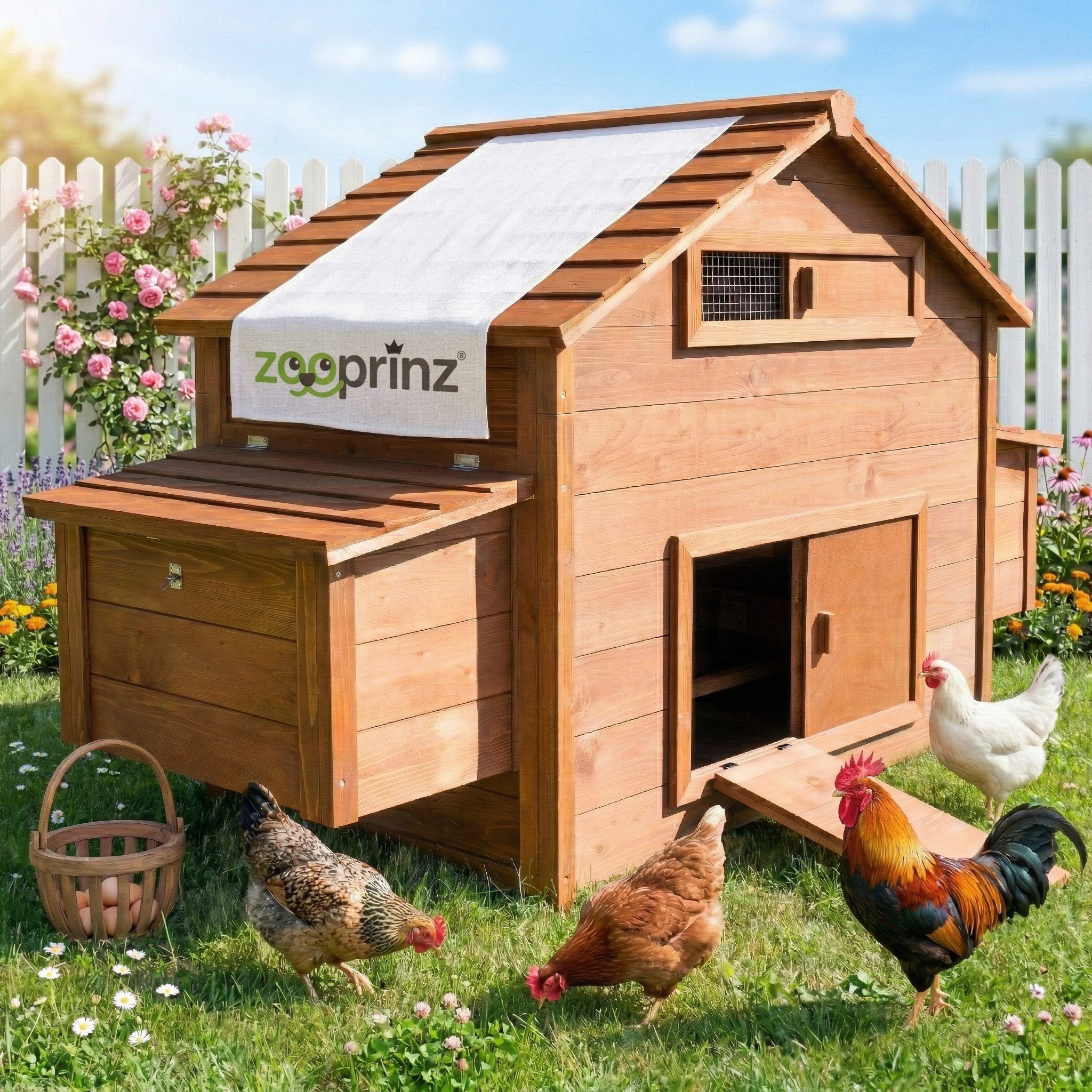 Zooprinz Hühnerstall Hühnervoliere Hühnerhaus Happyfarm, Winterfest, Wetterfest, Massivholz, Metall Kotschublade, Rampe, Türklappe, Klappdach