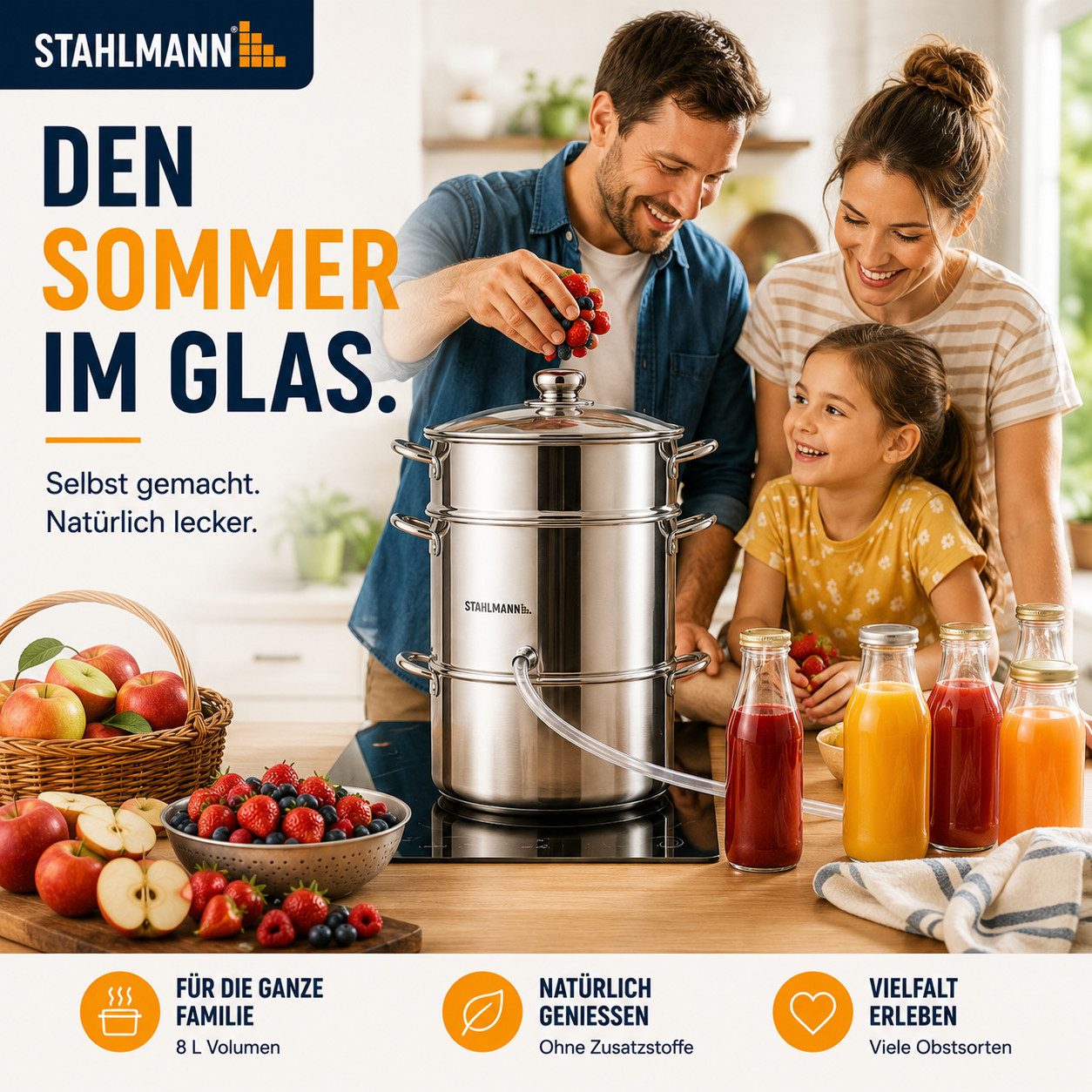 STAHLMANN Entsafter Dampfentsafter [8 L] Entsafter Obst und Gemüse Edelstahl Induktion, 8 L · Edelstahl · Für Induktion · Glasdeckel · 4-teilig – Bild 3 von 5
