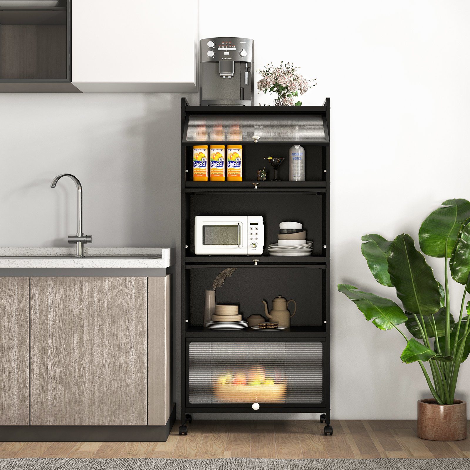 COSTWAY Hochschrank 5-stufig Küchenregal mit aufklappbaren PC-Türen & Rolle günstig online kaufen