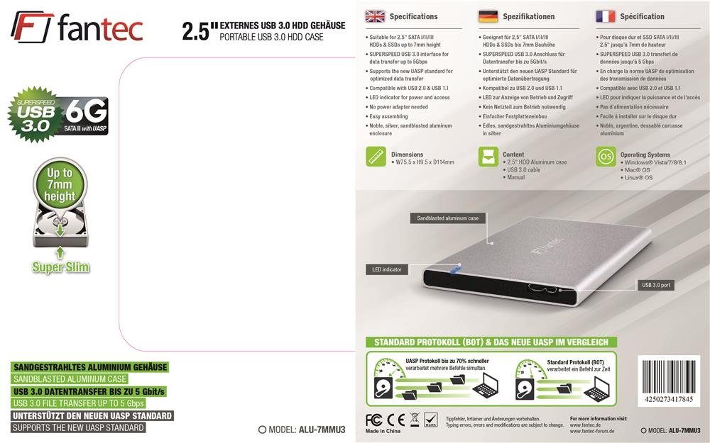 FANTEC PC-Gehäuse FANTEC ALU7MMU3 silber Aluminium 2,5 SATA, USB 3.0, 7mm Bauhöh