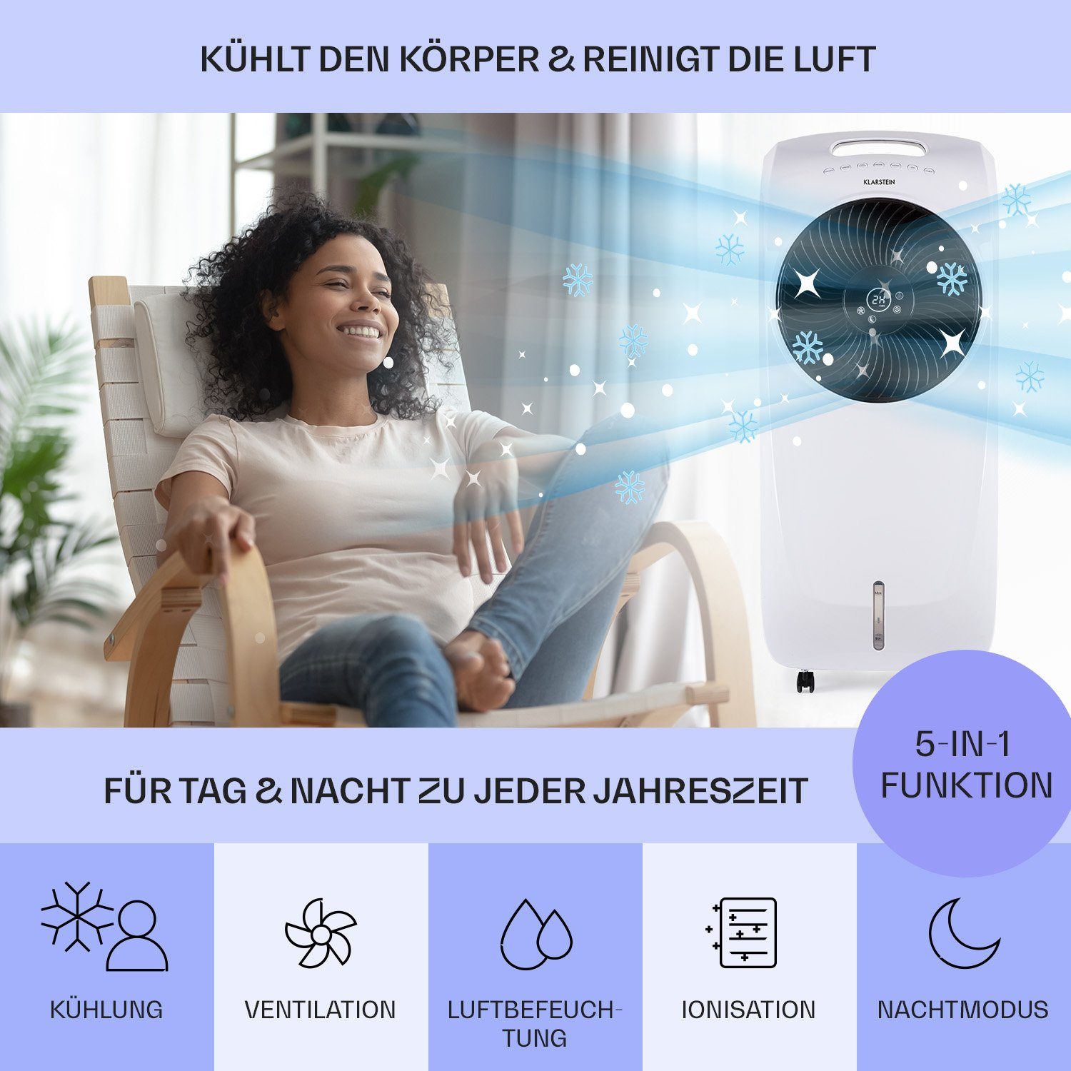 mit Luftkühler, & Eis Rotator Klarstein Ventilatorkombigerät ohne mobil Abluftschlauch Weiß Wasserkühlung 4-in-1 Luftkühler