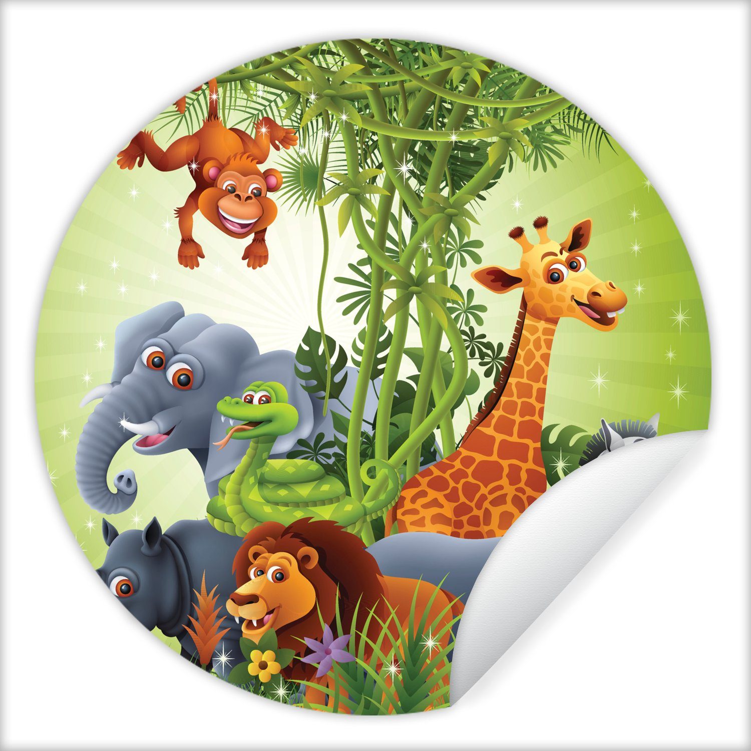MuchoWow Wandsticker Dschungeltiere - Pflanzen - Kinder - Elefant - Giraffe - Löwe (1 St), Tapetenkreis für Kinderzimmer, Tapetenaufkleber, Rund, Wohnzimmer