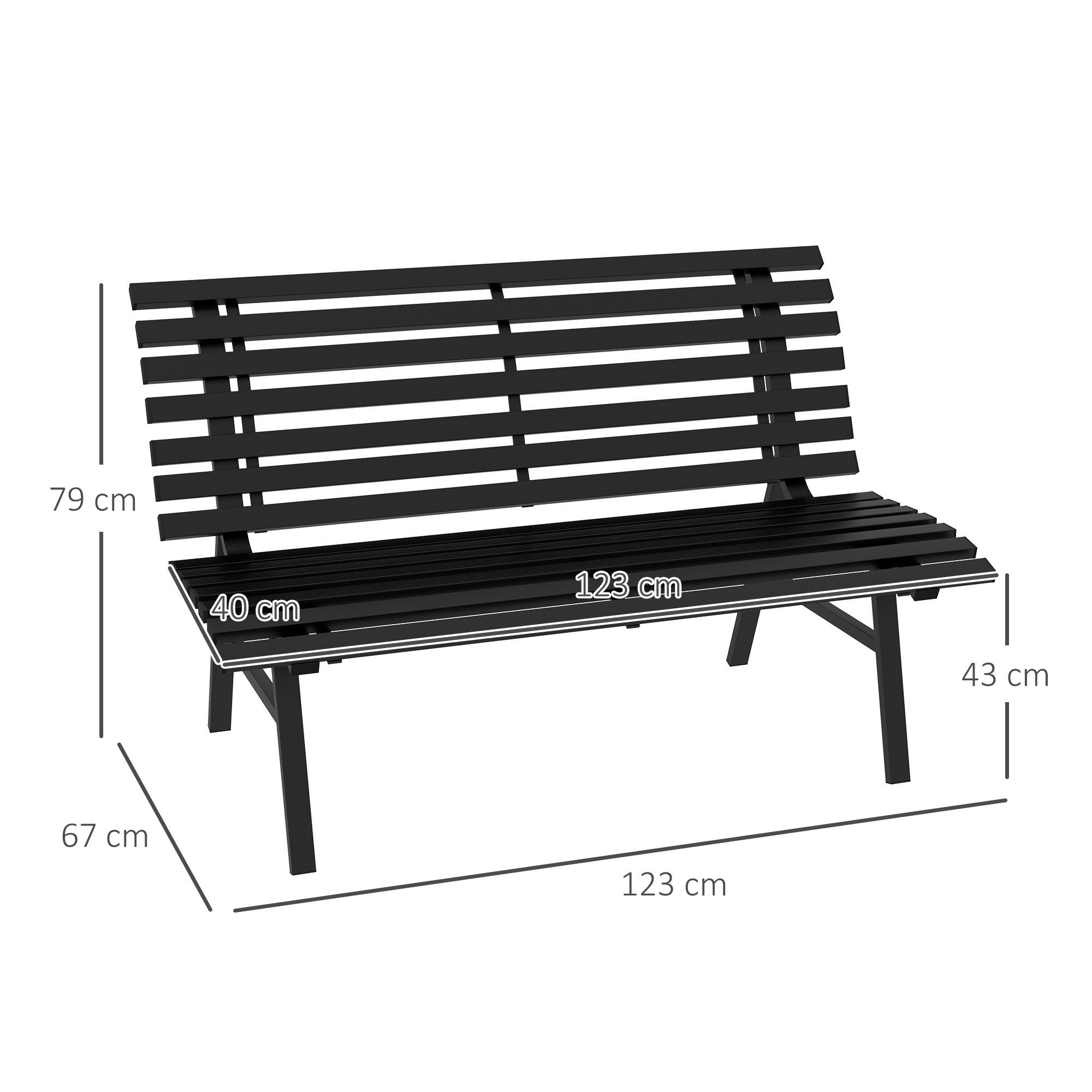Outsunny Gartenbank aus Alu, mit Lamellen-Design, 240kg belastbar (wetterfest Sitzbank, 1-St., 2-Sitzer Gartenmöbel), für Balkon, Terrasse, Garten, 123 x 67 x 79cm, Schwarz