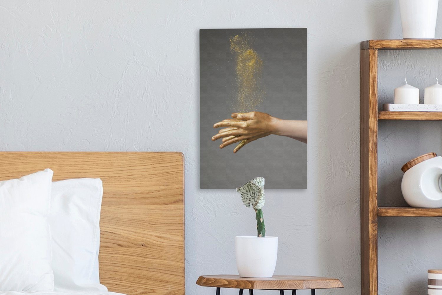 OneMillionCanvasses® Leinwandbild bespannt 20x30 und goldgefärbten (1 cm Leinwandbild Frau inkl. einer Zackenaufhänger, St), Gemälde, mit fertig Händen Glitzerwolke