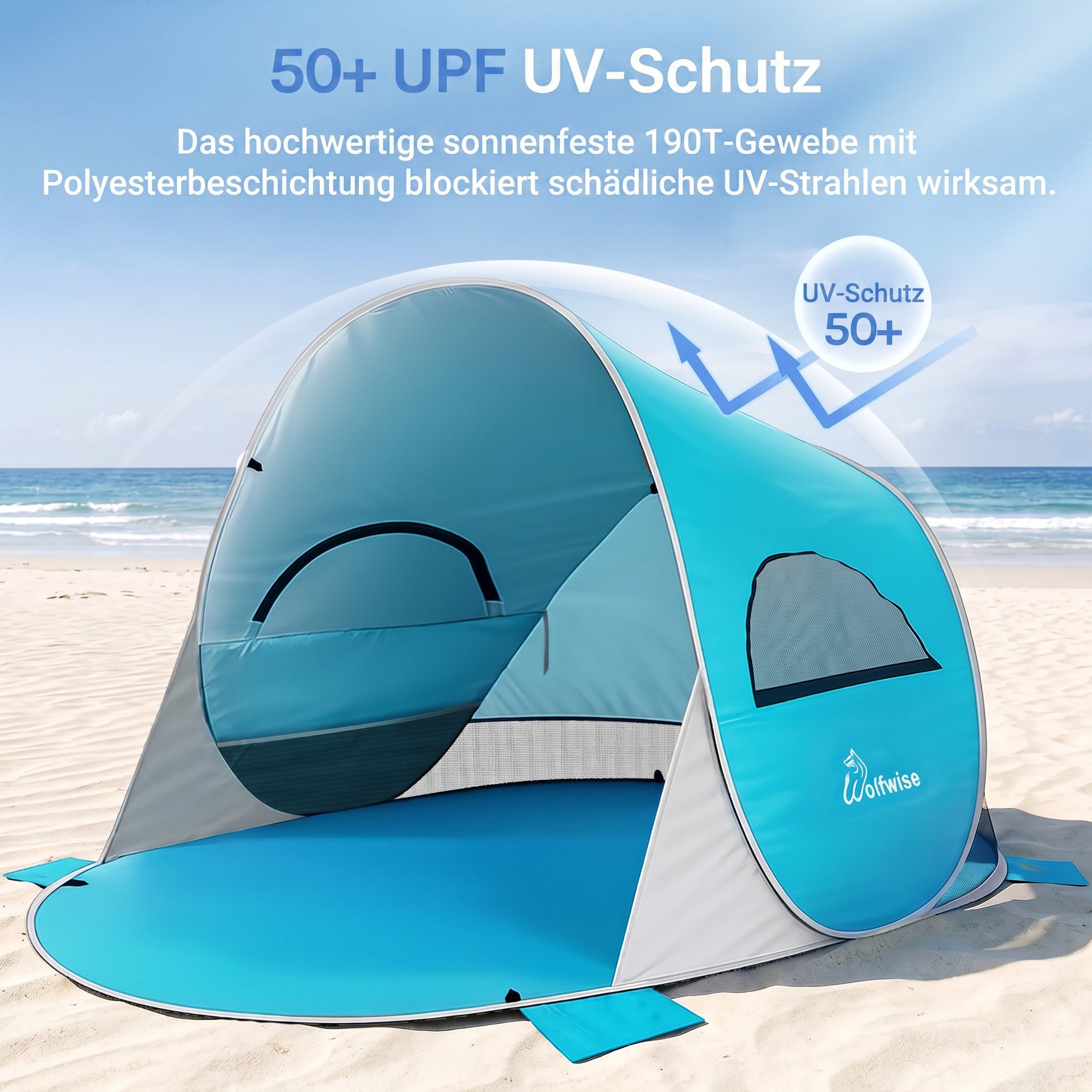 Wolfwise Kuppelzelt Strandmuschel Pop-Up Zelt mit UV-Schutz 50+, 2-6 Personen Strandzelt, Personen: 4 (Set, 1 x Zelt, mit Transporttasche), UV-Schutz 50+, Wasse – Bild 4 von 5