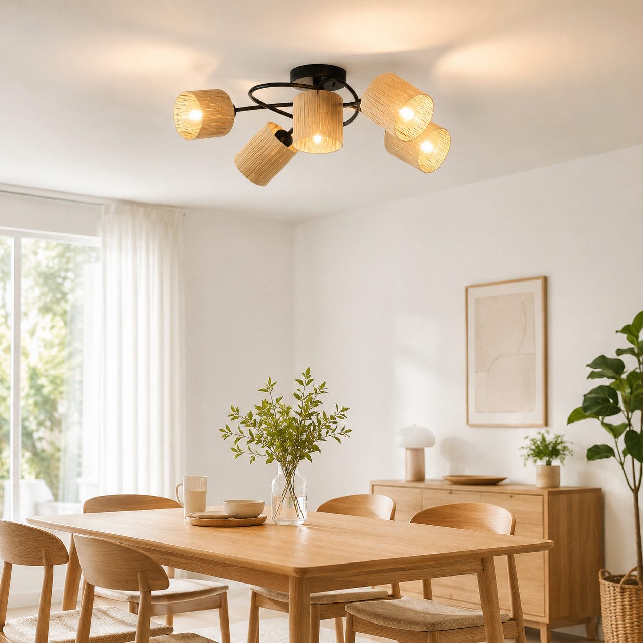 ZMH Deckenstrahler 2/3/4/5 Flammig E14 Schwarz Natürlich Deckenlampe Papier Wohnzimmer, Einfache Installation, ohne Leuchtmittel, 350°Schwenkbar Deckenspots für Schlafzimmer Flur