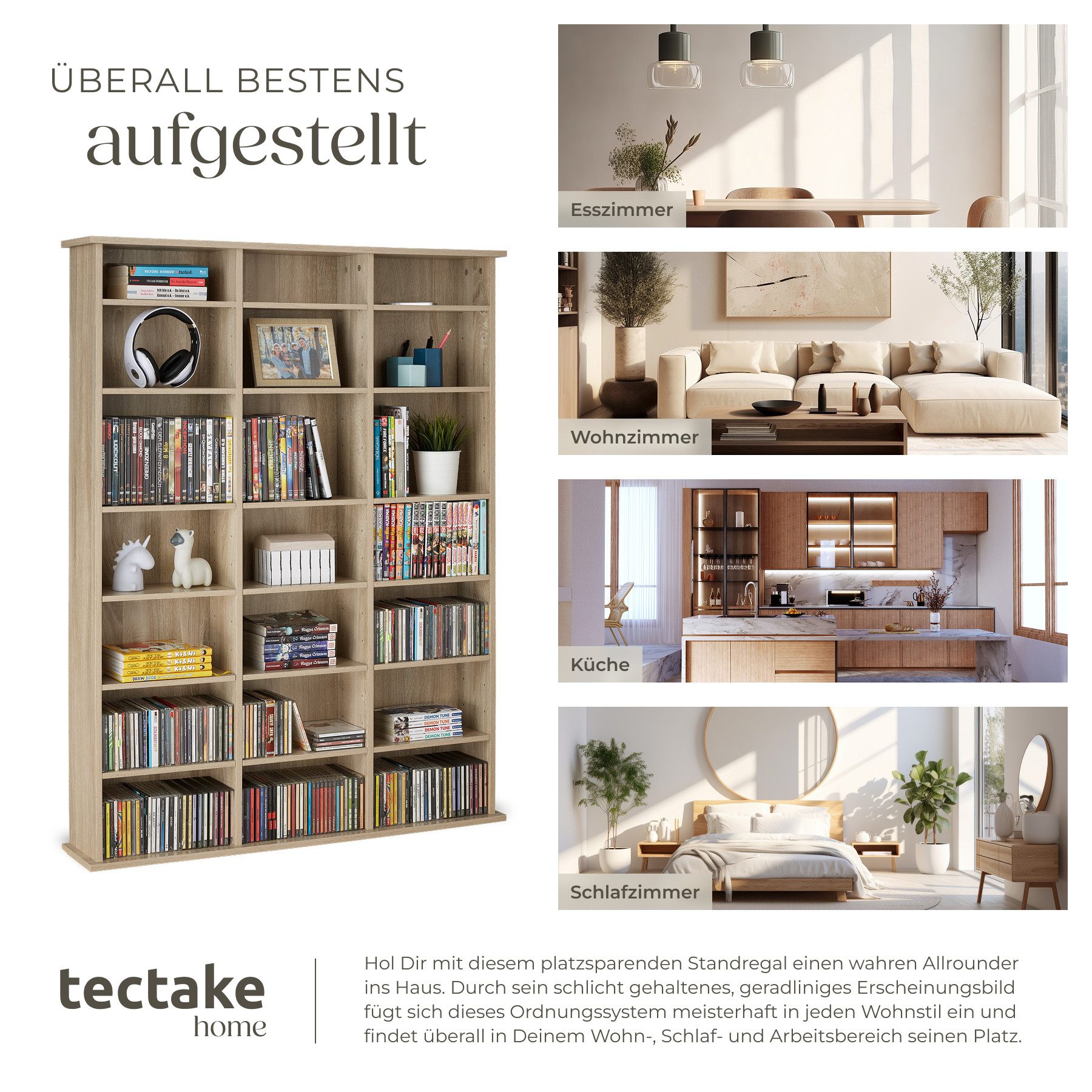 tectake CD-Regal Medienregal Stevie in Holzoptik 105,5x19x136,5cm, Sammlerset 1-tlg., höhenverstellbare und herausnehmbare Zwischenböden – Bild 5 von 5