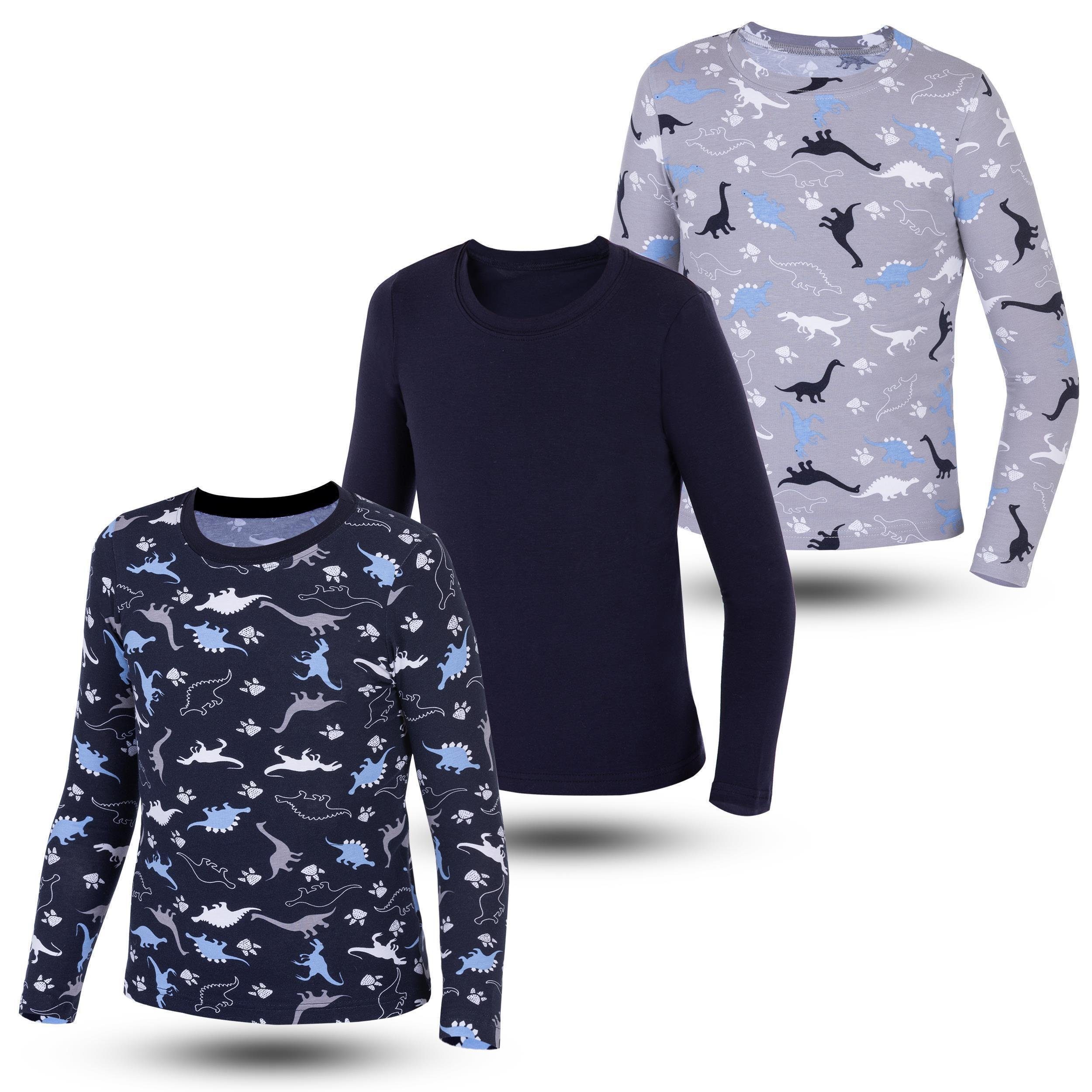 LOREZA Langarmshirt 3er Set Jungen Langarmshirts - Dino - Mehrfarbig (Set, 3-tlg., 3er-Pack)