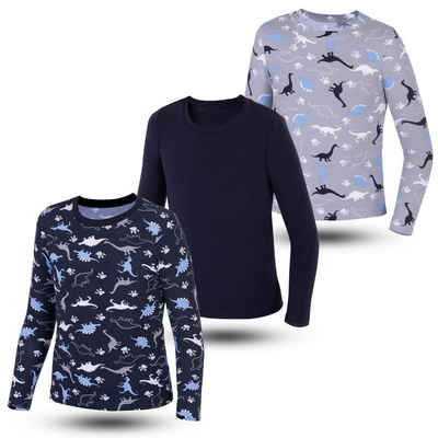 LOREZA Langarmshirt 3er Set Jungen Langarmshirts - Dino - Mehrfarbig (Set, 3-tlg)