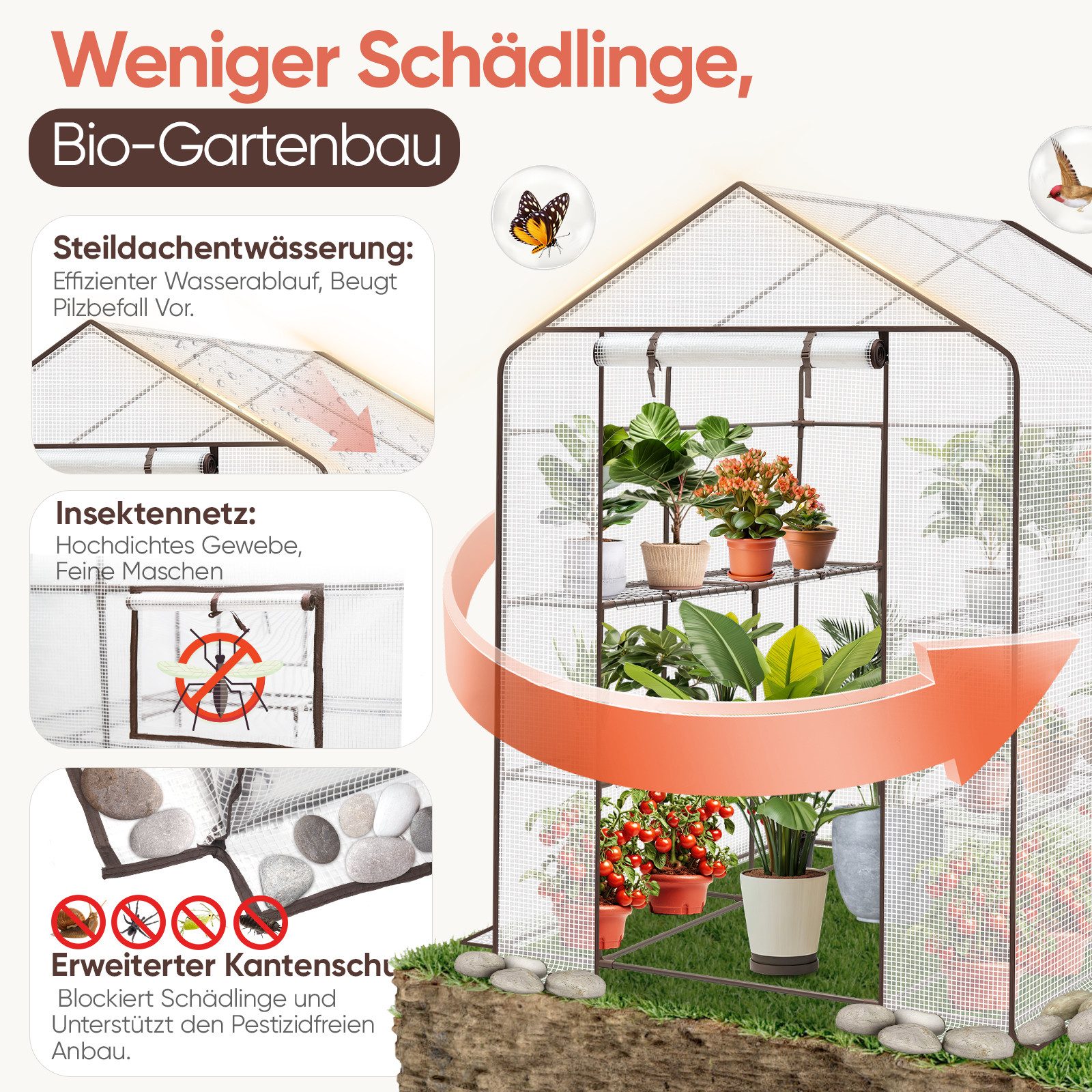 Sekey Gewächshaus Begehbares Foliengewächshaus mit 8 Regalebenen, Treibhaus für Garten, 145 x 145 x 200 cm Tomatenhaus Winterfest Gewächshaus mit Tür, Fenster – Bild 5 von 5