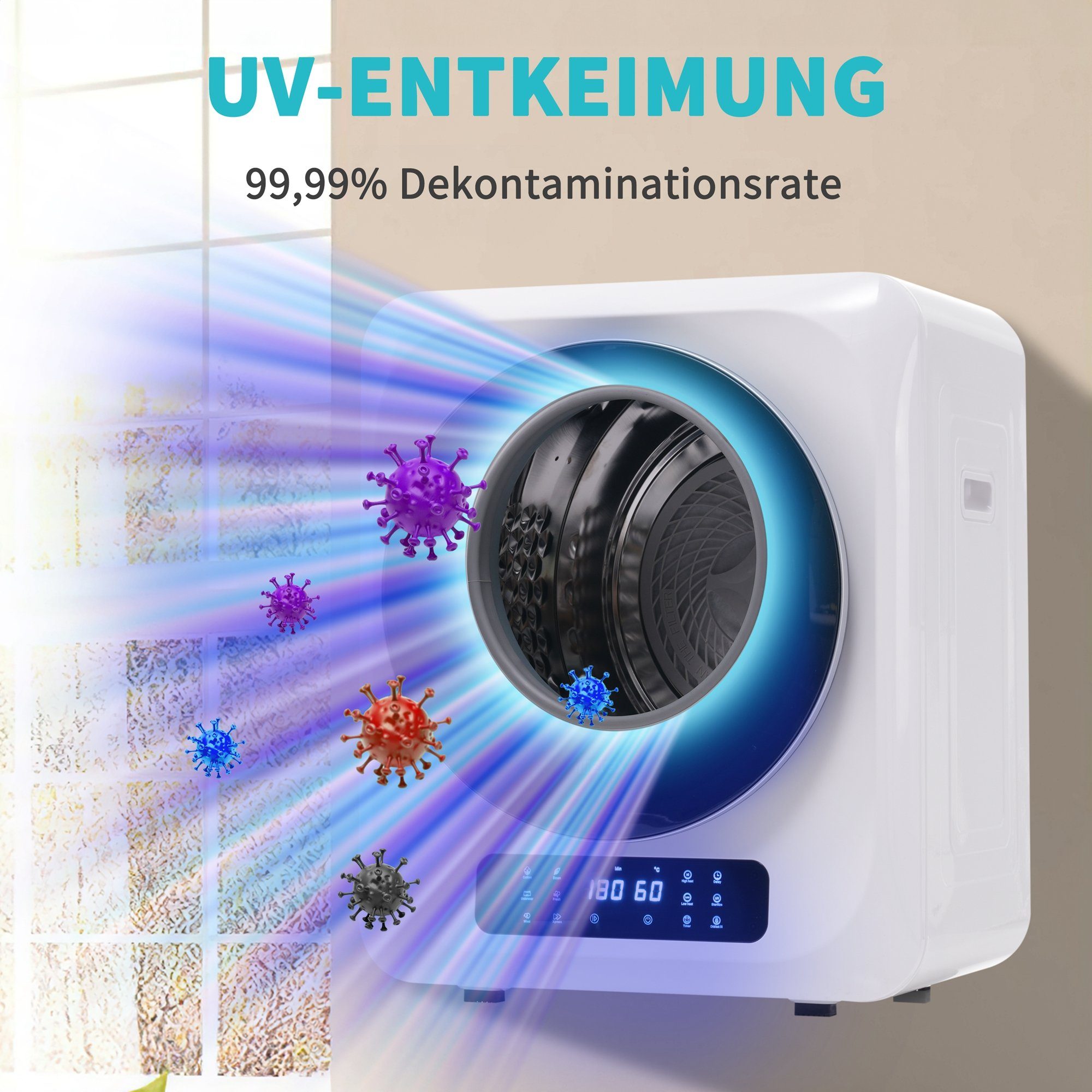 Merax Ablufttrockner mit UV-Sterilisation und Timer 6 2.5 mit LED-Display, Wäschetrockner Programme Weiß und mini-Wäschetrockner kg, freistehend/hängend, Belüfteter