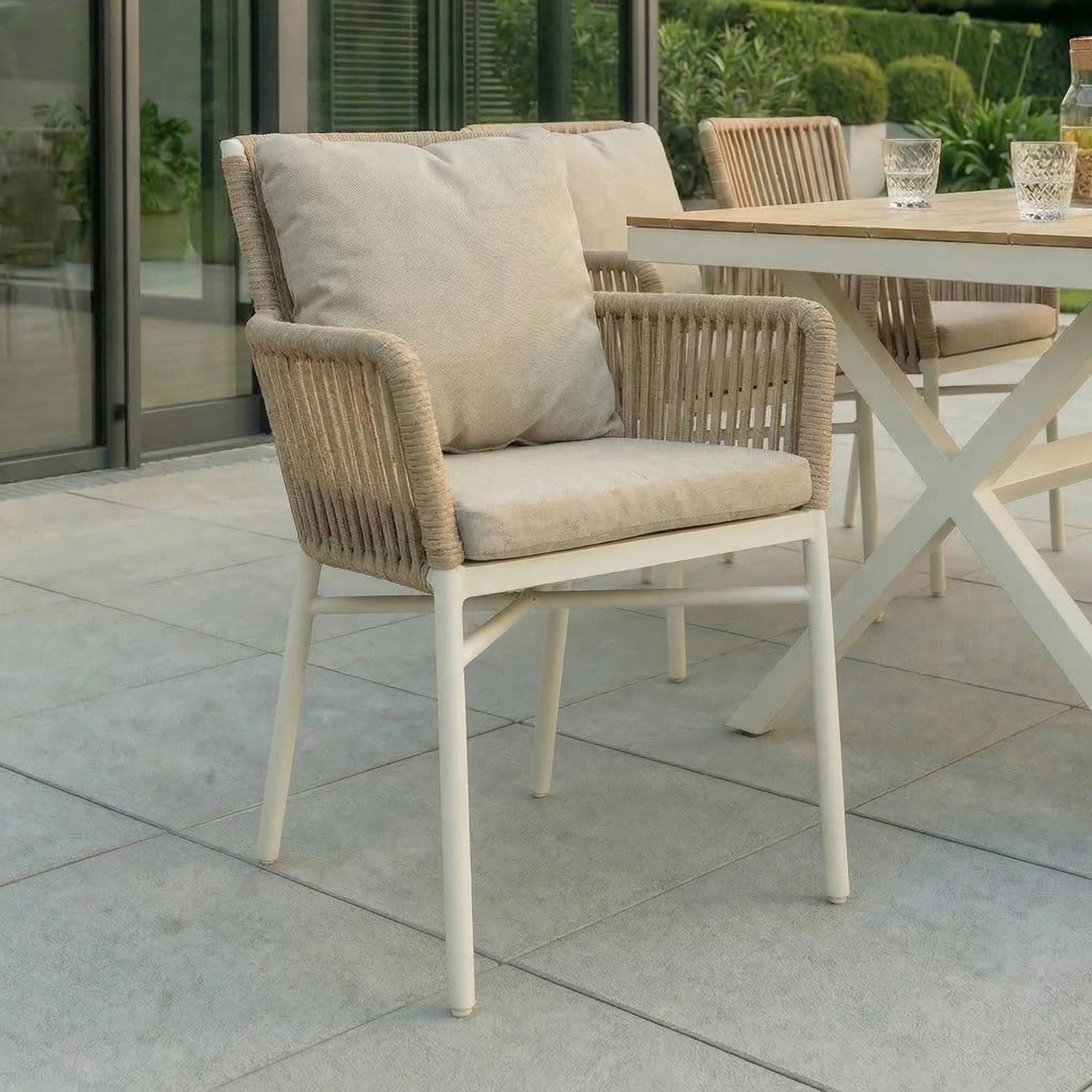 IDIMEX Gartenstuhl AFUERA (6 St), wetterfeste Terassenstühle mit Rope und Kissen modern Weiß/Beige