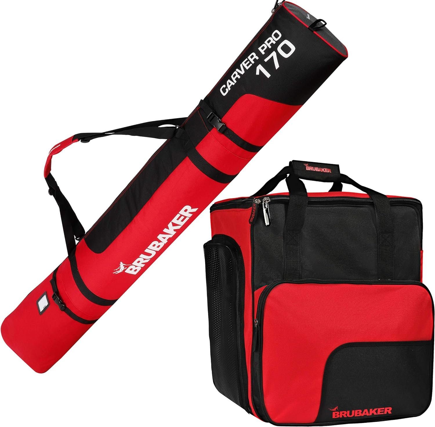 BRUBAKER Skitasche Kombi Set CarverPro XP (für 1 Paar Ski + Stöcke + Schuhe + Helm, 1-tlg), Skisack mit gepolsterten Schulterträgern und Skischuhtasche Schwarz Rot