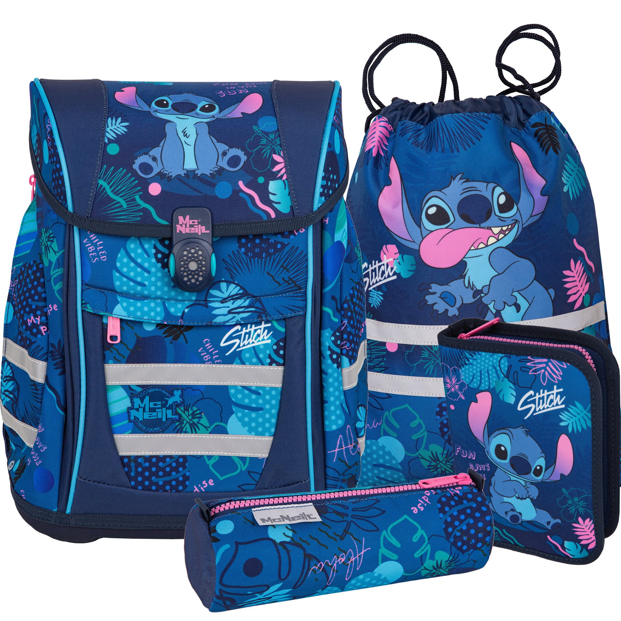 McNeill Schulranzen TENERIS Stitch 4-teilig mit Etui, Schlampermäppchen & Sportbeutel (Spar-Set, mit Sportbeutel, mit Federtasche, mit …