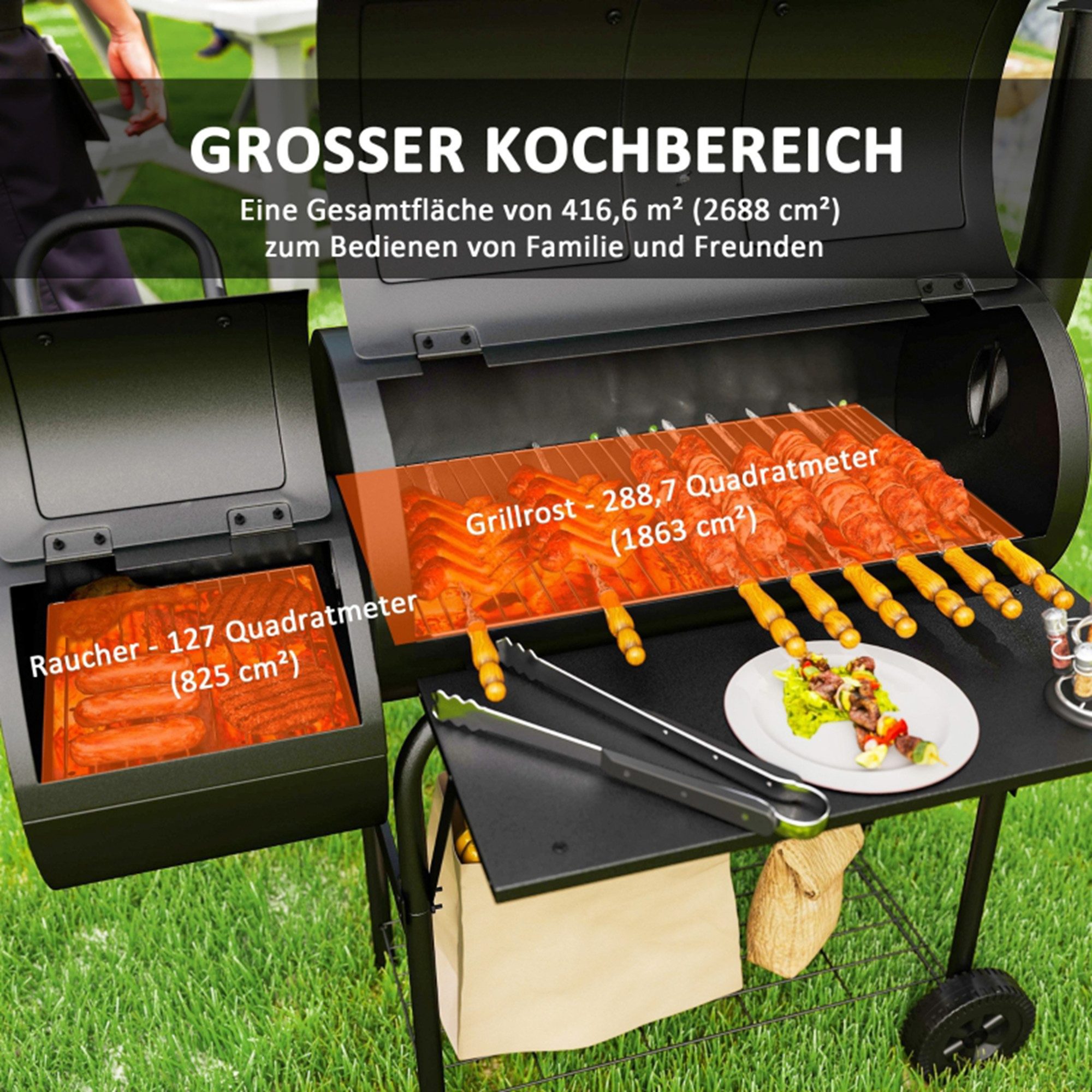 MC Star Holzkohlegrill aus Stahl BBQ Smoker mit Deckel Thermometer Räder Ablage fahrbar, mit Luftzufuhr Kohlewanne, Kohlegrill Kohlegrillwagen für Barbeque Camping, Garten 109x60x120 cm