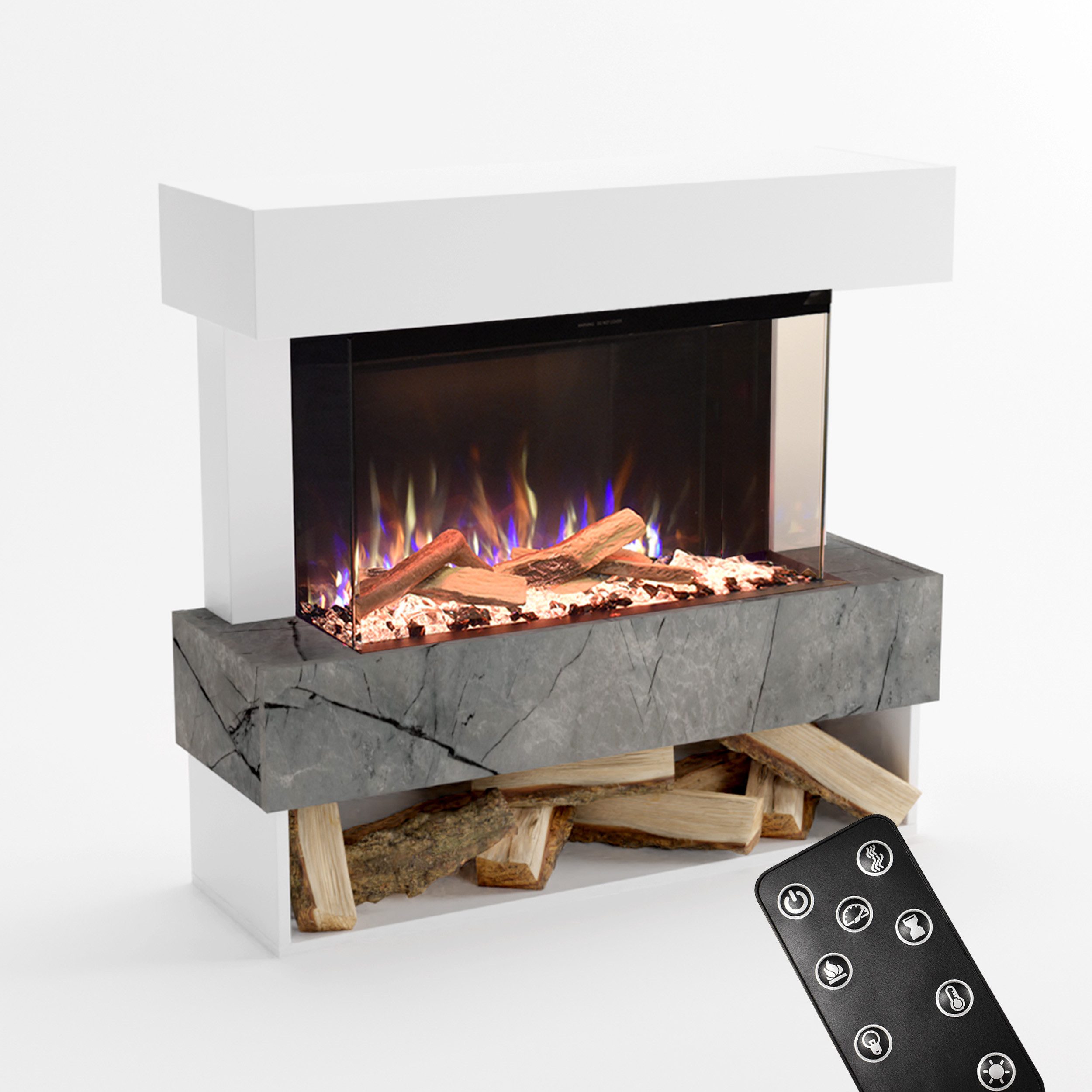 GLOW FIRE Elektrokamin PR5 E-Motion 3D, Elektrischer Kamin mit 3D Feuer mit Heizung, täuschend echte Flamme mit Heizung, 3 Dekorationen