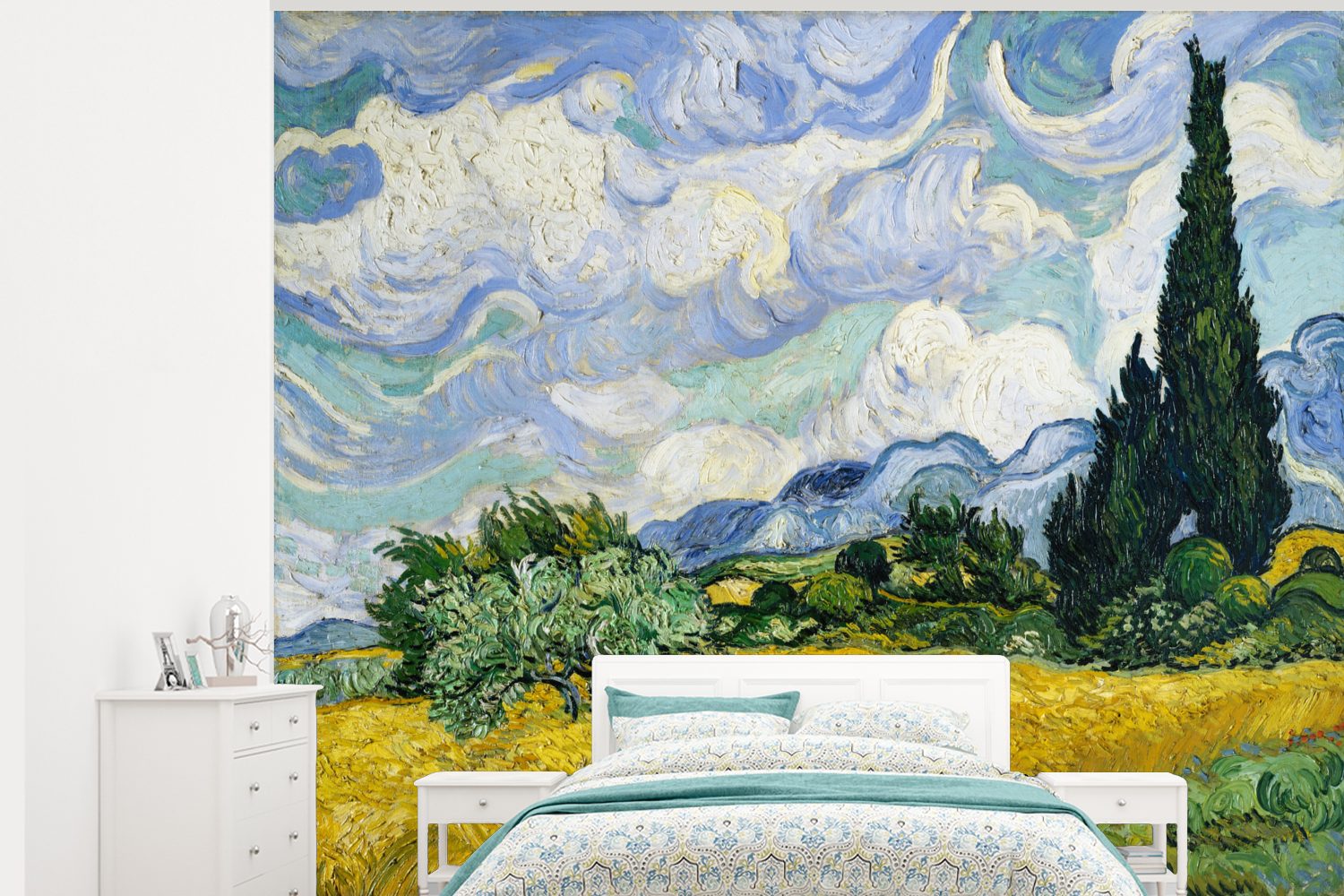 MuchoWow Fototapete Weizenfeld mit Zypressen - Vincent van Gogh, Matt, bedruckt, (5 St), Montagefertig Vinyl Tapete für Wohnzimmer, Wandtapete